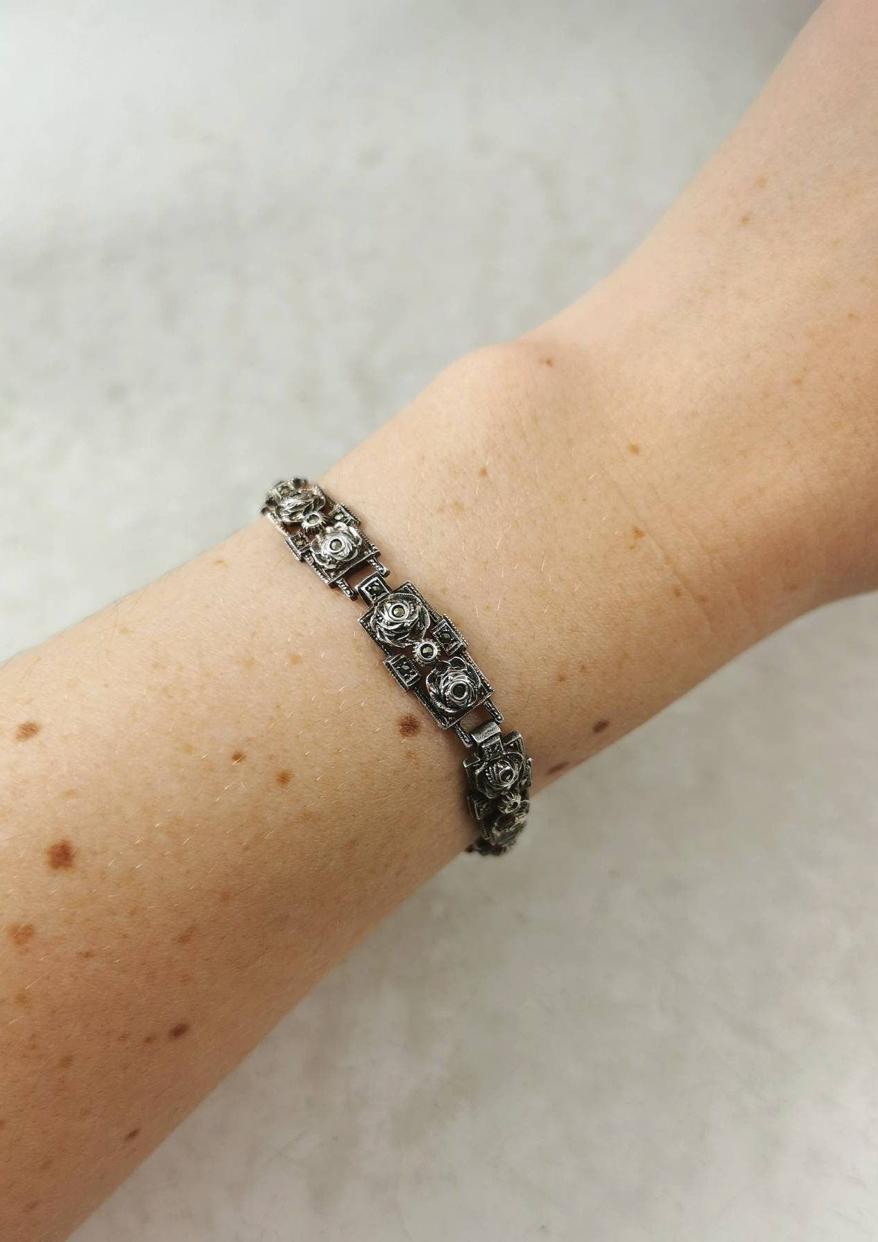 Art Deco Birks Sterling Silver and Marcasite Rose Bracelet