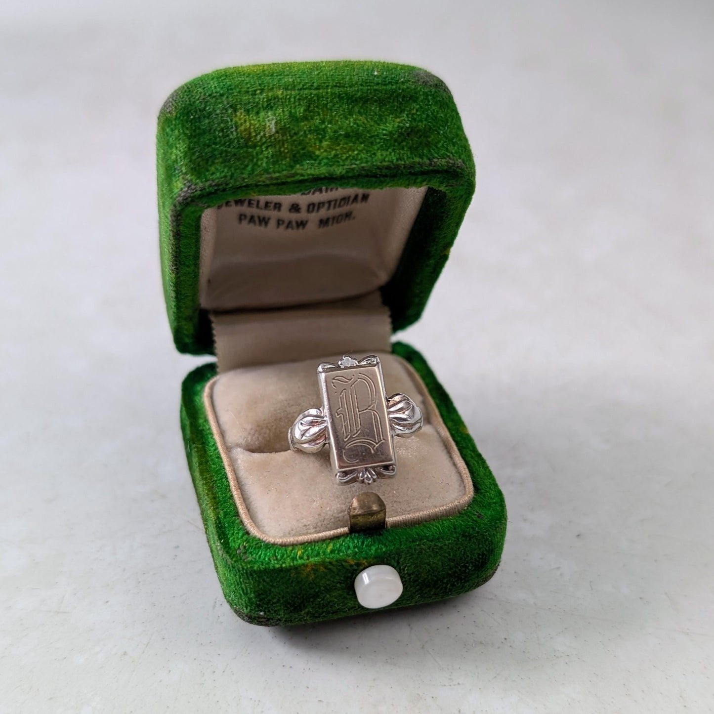 Art Deco Sterling Silver & 10K Yellow Gold Initial B Pinky Signet Ring