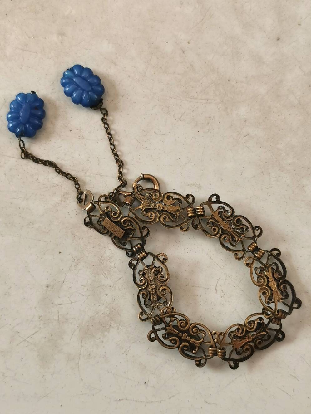 Antique Czech Glass Filigree Bracelet with Dangles