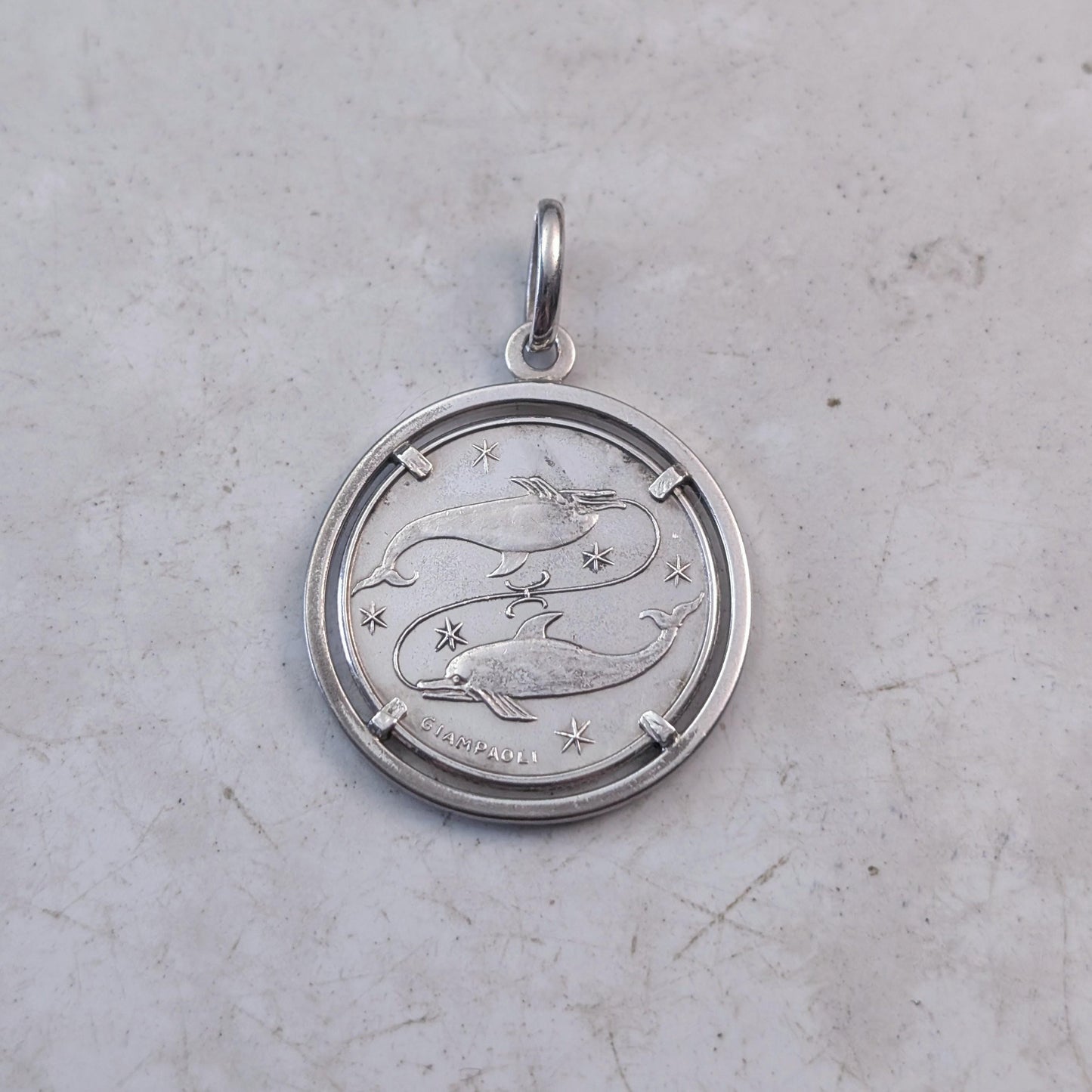 Vintage UNOAERRE Sterling Silver Pisces Giampaoli Zodiac Coin Pendant