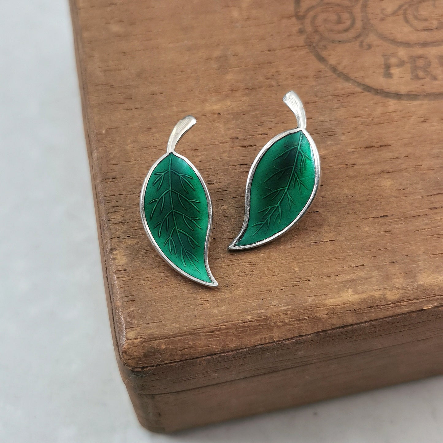 Vintage Meka Denmark Sterling Silver Green Enamel Leaf Ear Clips