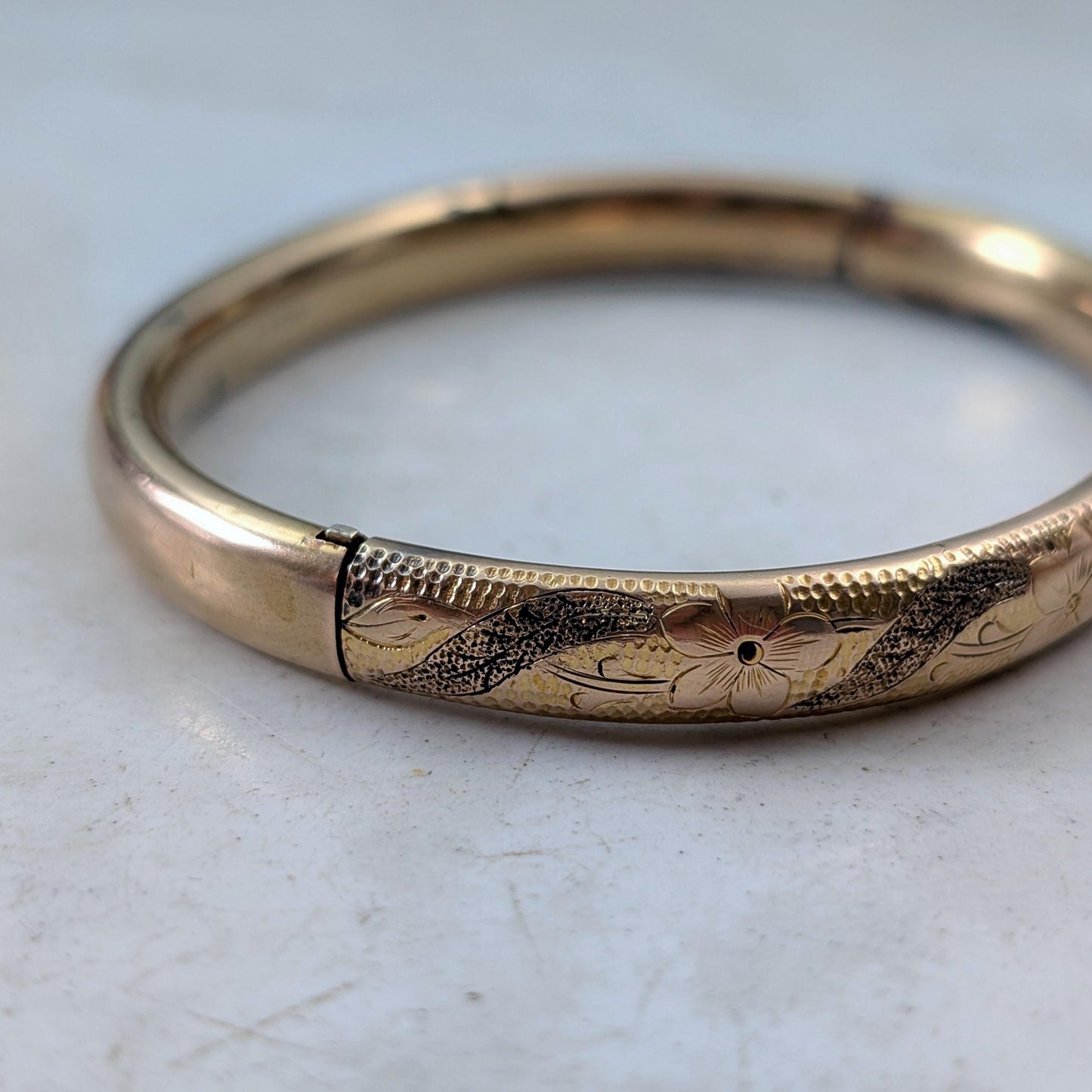 Antique Gold Filled Black Enamel Floral Engraved Bangle Bracelet
