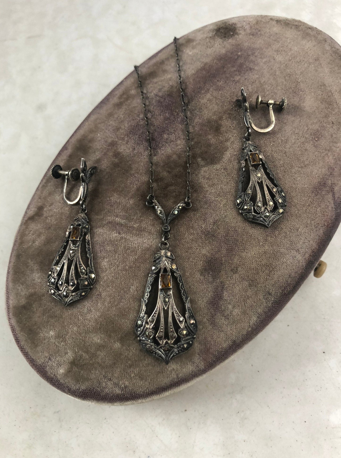 Antique Art Deco Sterling Silver Paste & Marcasite Jewellery Suite