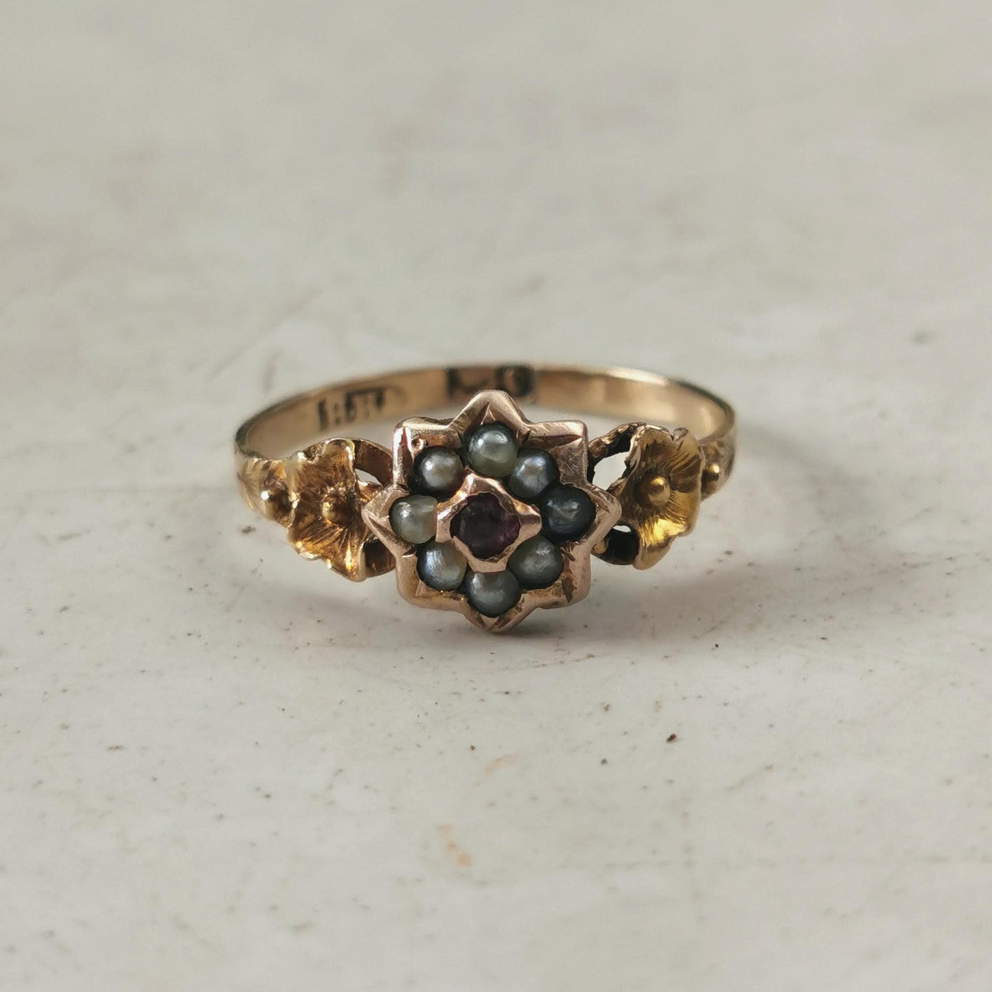 Antique Holland Victorian 19k Yellow Gold Seed Pearl Flower Ring