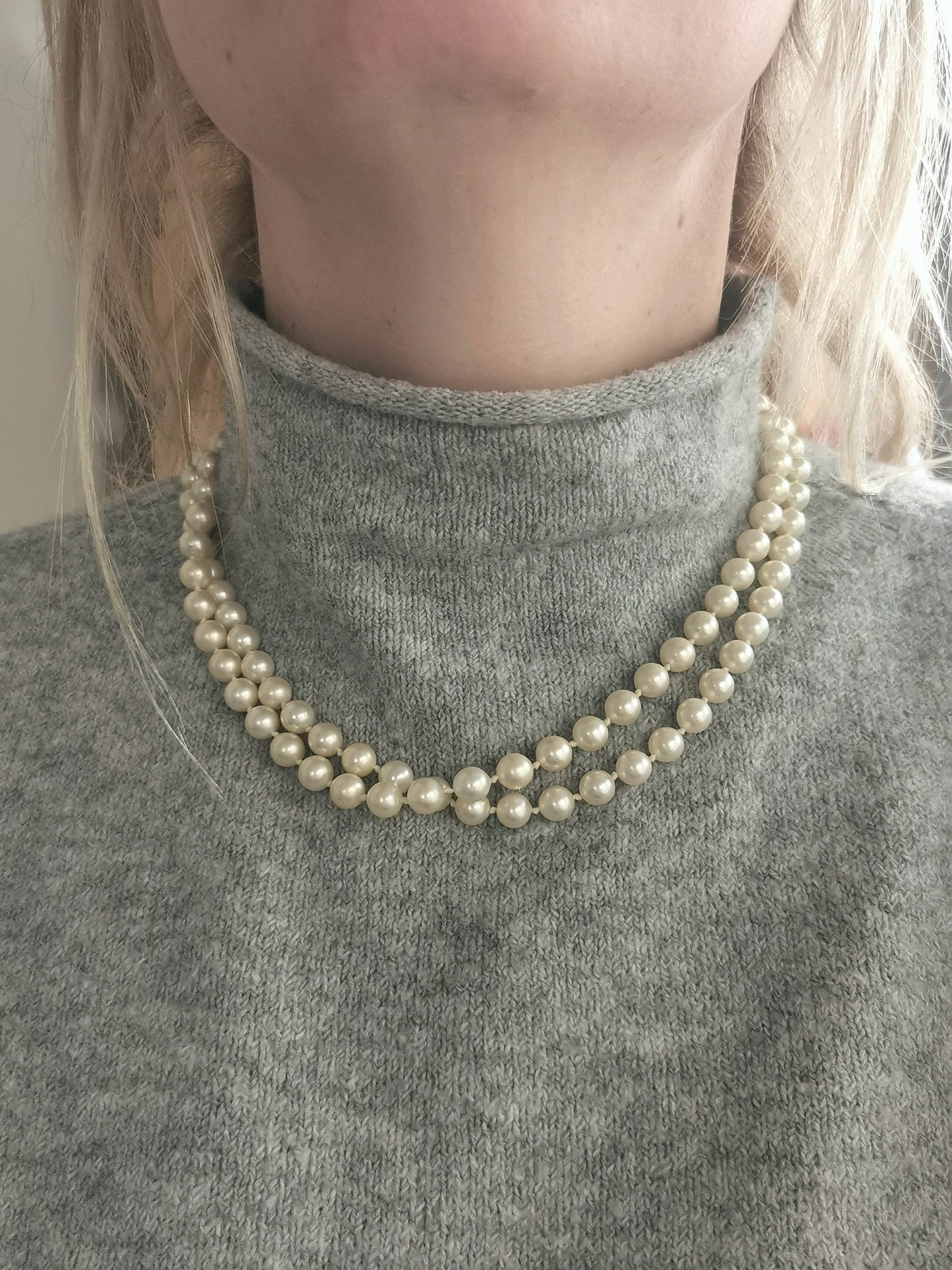 Vintage 14k Yellow Gold High Quality Imitation Double Strand Pearl Necklace - Majorica Pearls