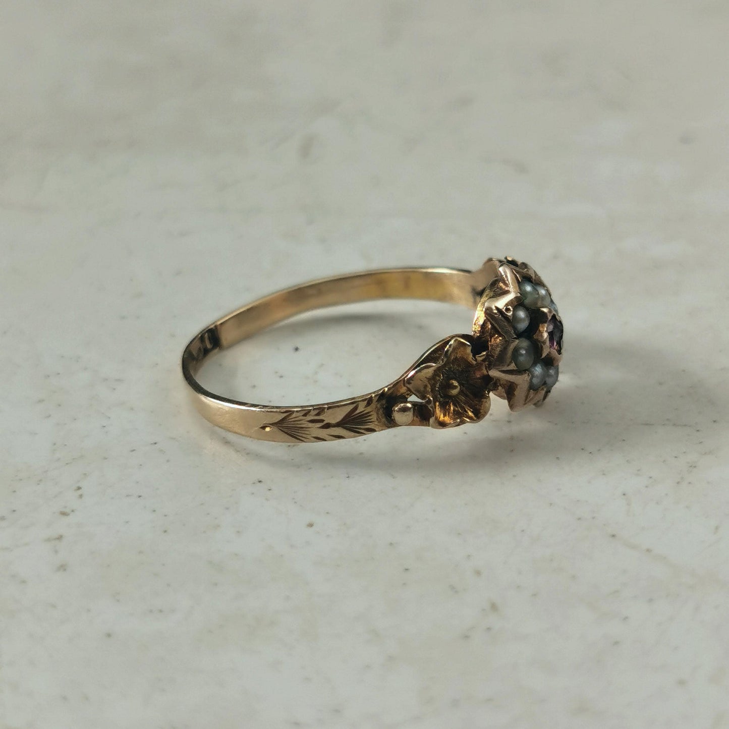 Antique Holland Victorian 19k Yellow Gold Seed Pearl Flower Ring
