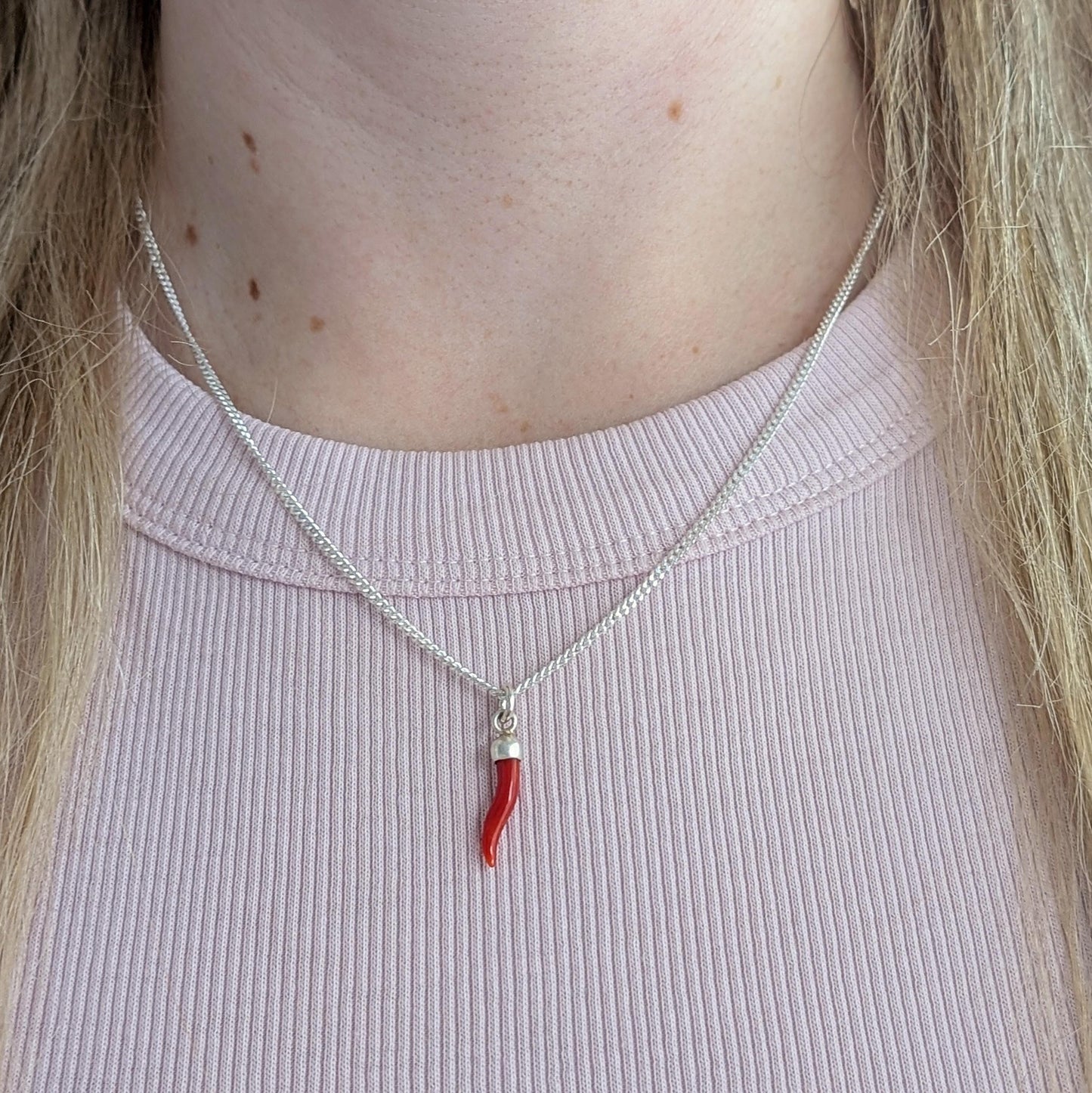 Sterling Silver Italian Red Coral Cornicello Necklace - Lucky Horn