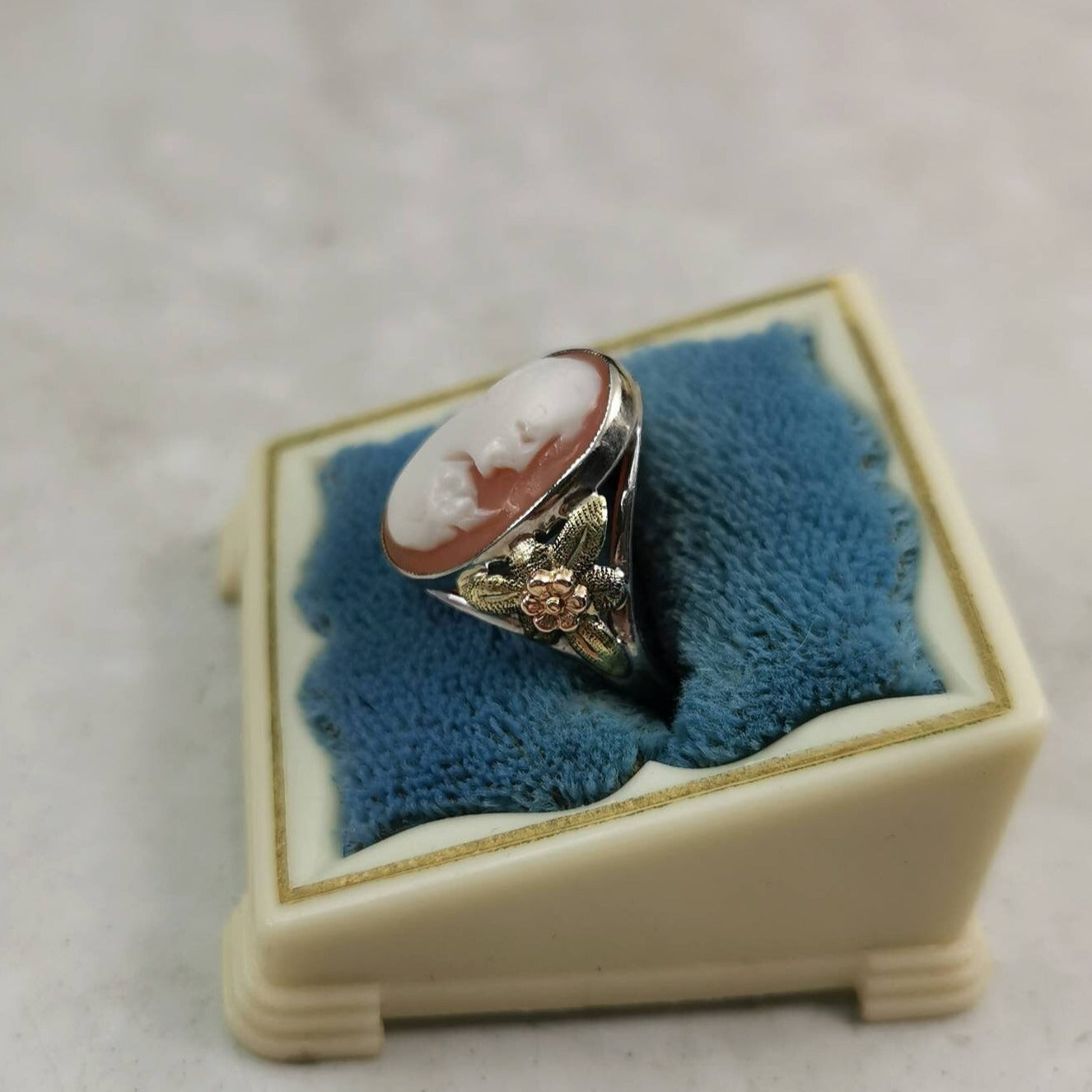 Art Deco 10k White Gold with Rose Gold Green Gold Accent Cameo Ring
