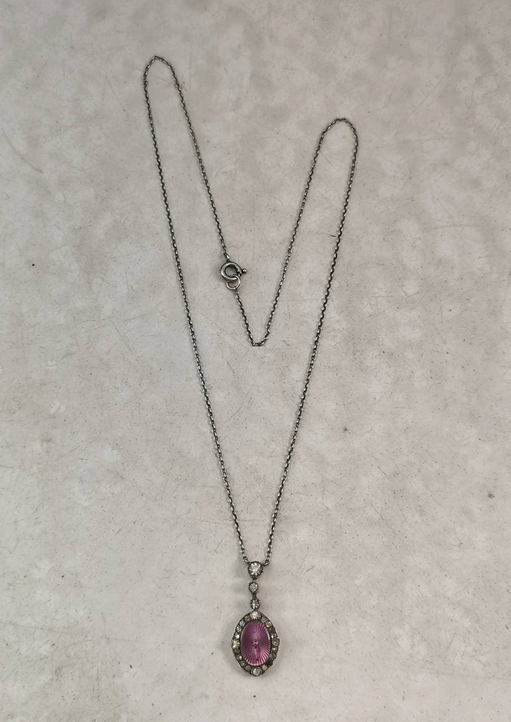 Vintage Sterling Silver Guilloché Enamel & Rhinestone Lavalier