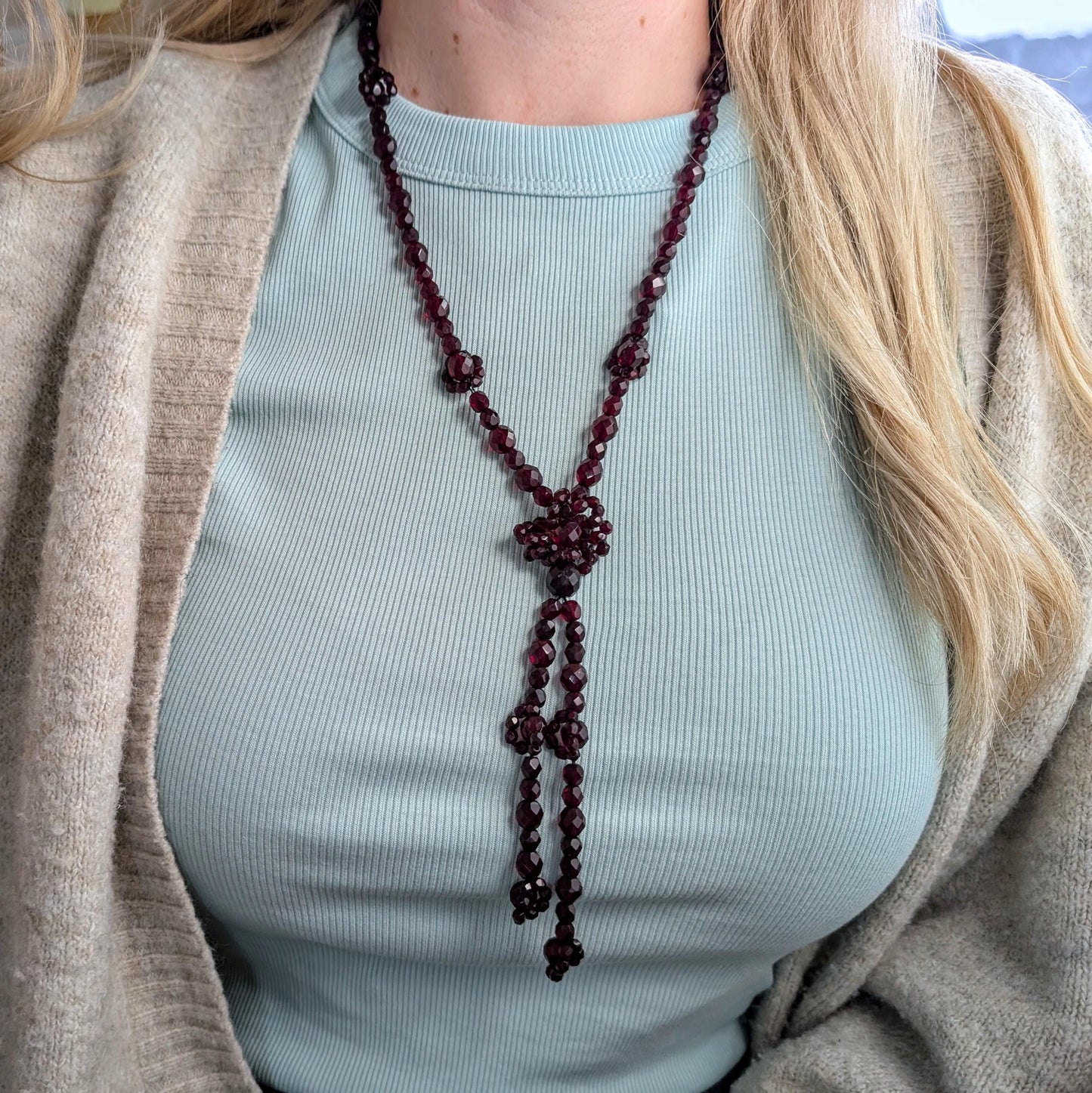 Vintage Miriam Haskell Ruby Faceted Glass Lariat Necklace
