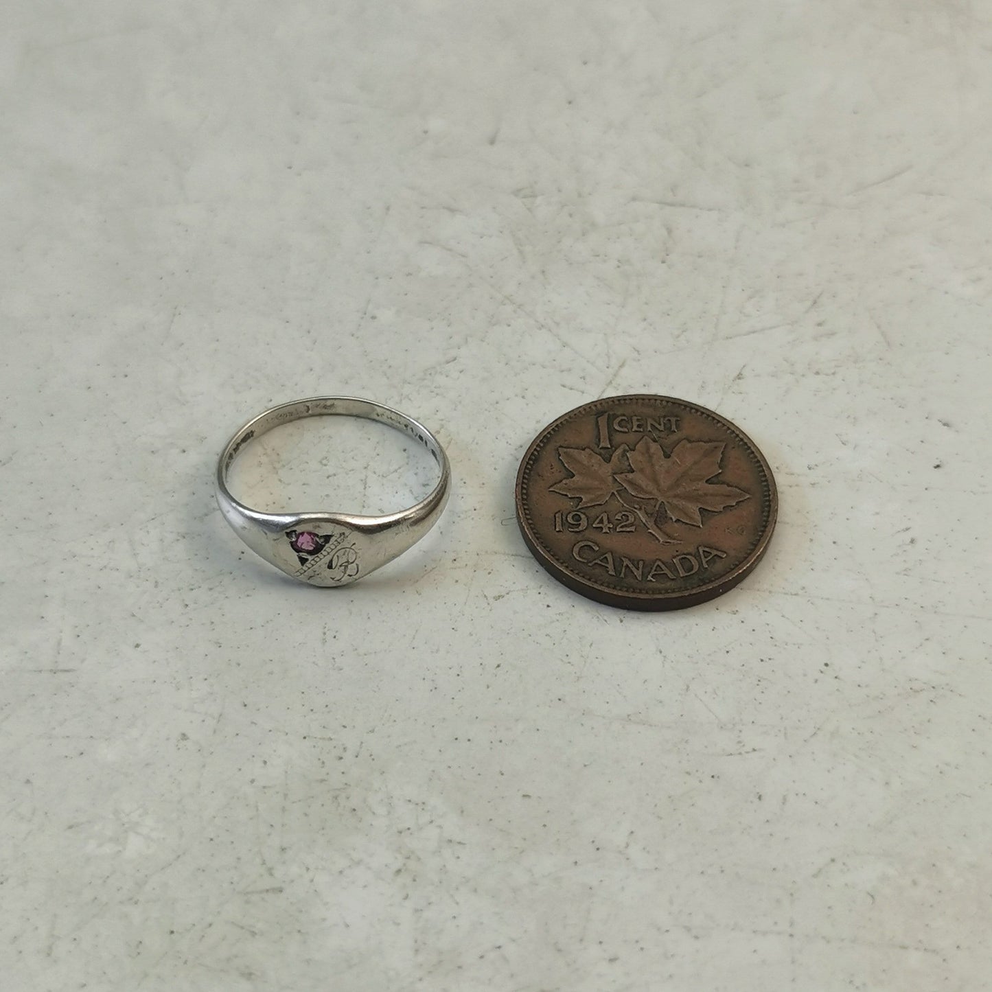 Vintage Sterling Silver Signet Pinky Ring - Initial B with Pink Gem