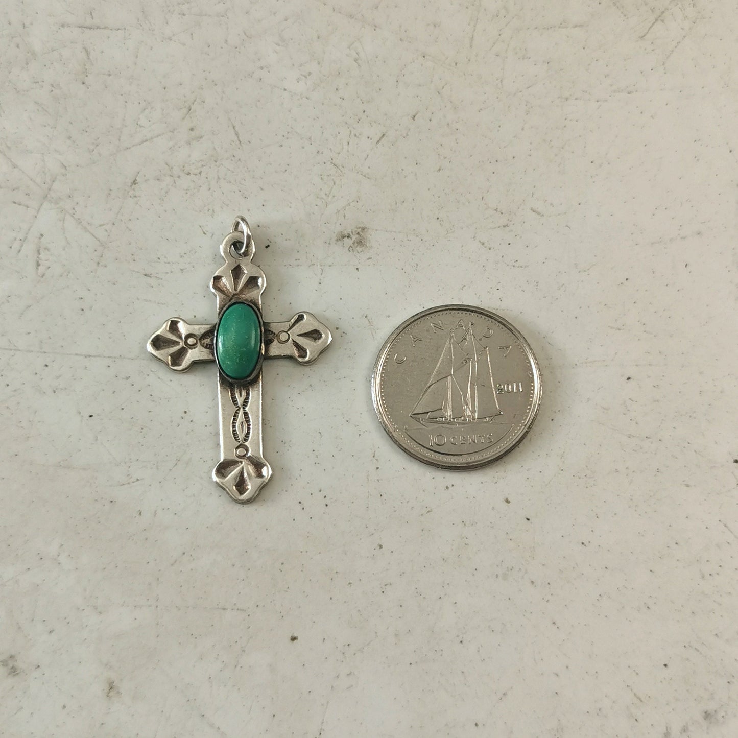 Vintage Navajo Patterned Silver and Turquoise Medium Cross Pendant