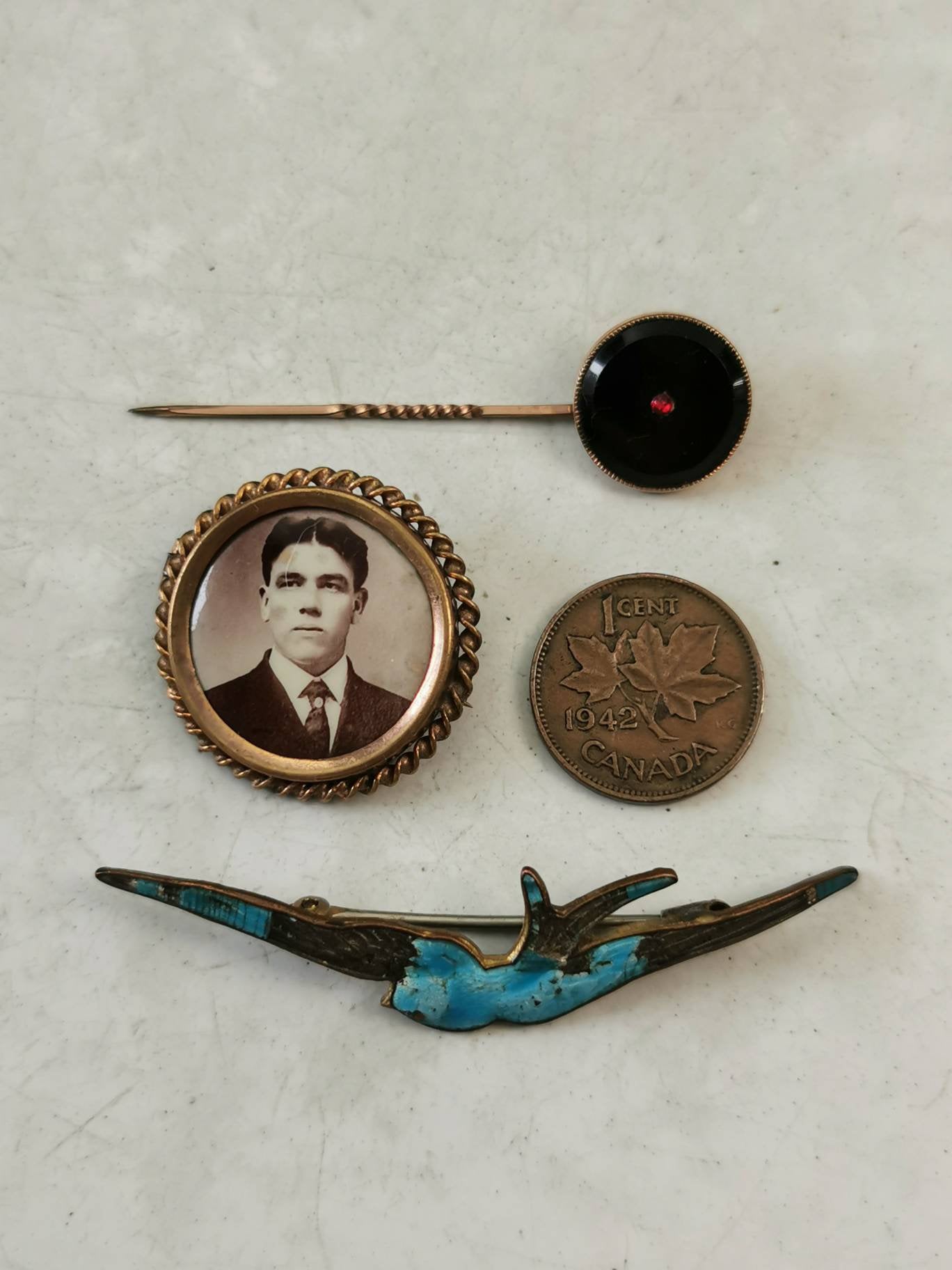 Antique Lot of Gold Filled Pins and Brooches - Blue Bird - Lithograph Picture Frame Brooch - Art Deco Target Stick Pin
