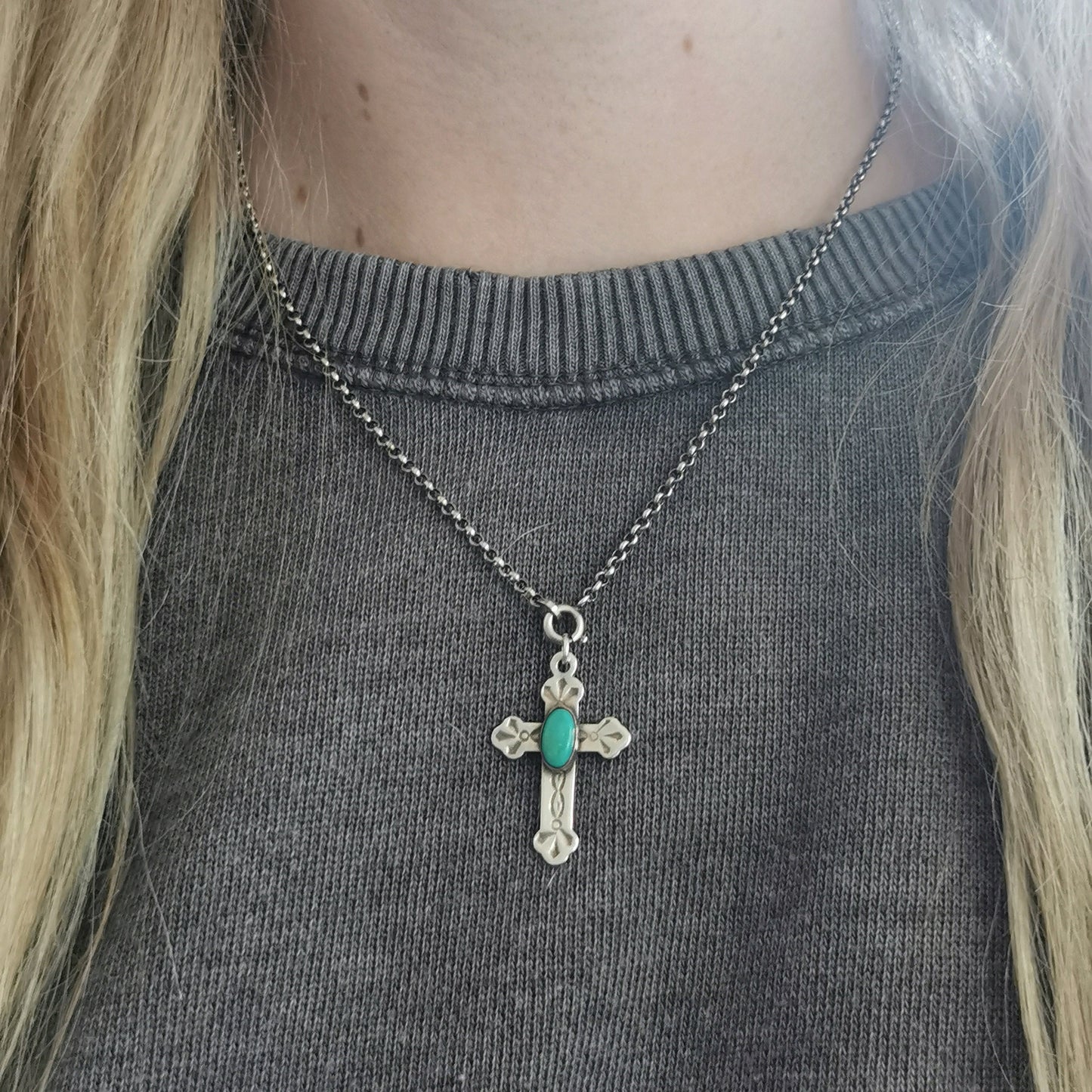 Vintage Navajo Patterned Silver and Turquoise Medium Cross Pendant
