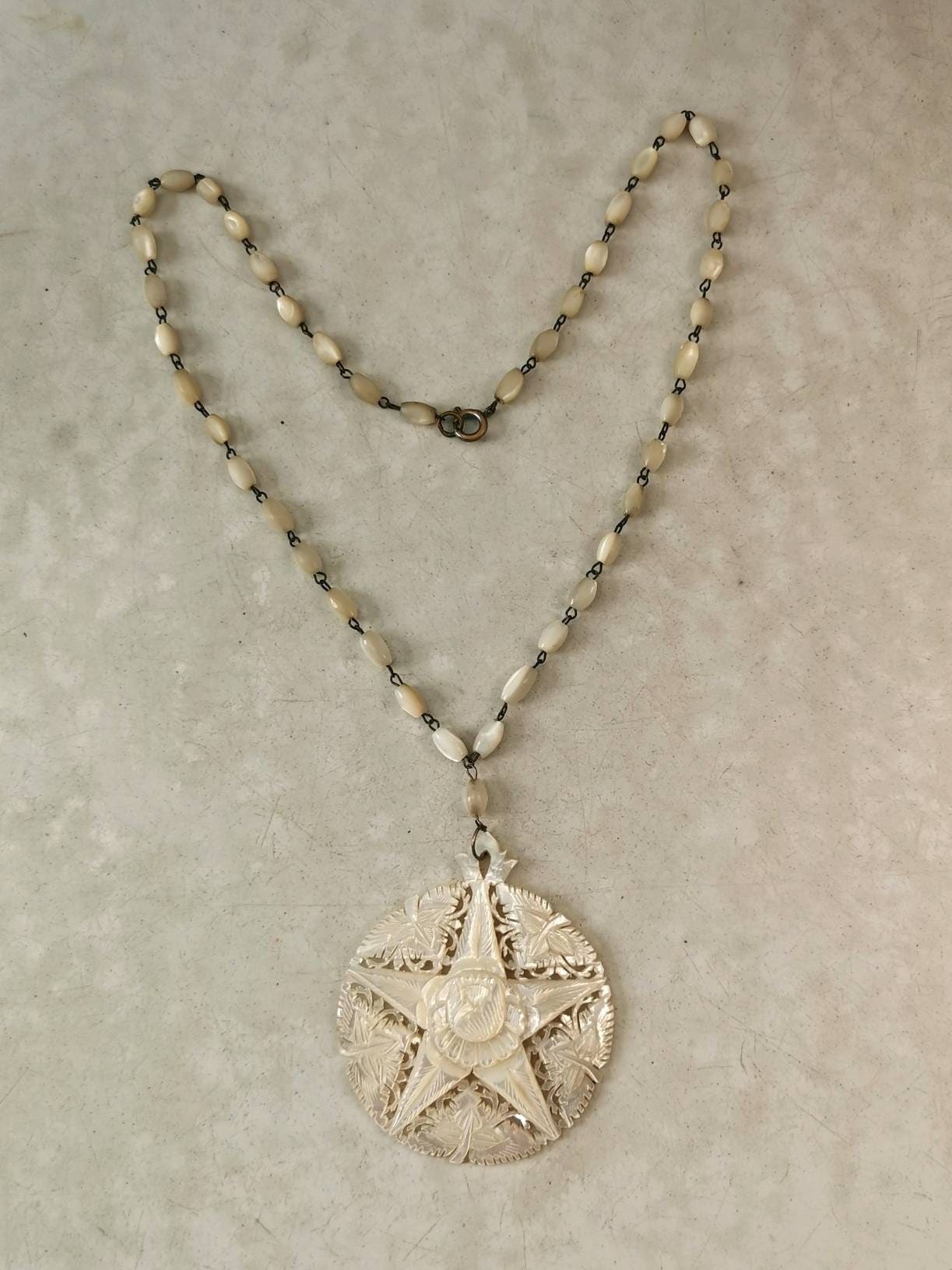 Art Deco Carved Mother of Pearl Pendant Necklace on Beaded Chain