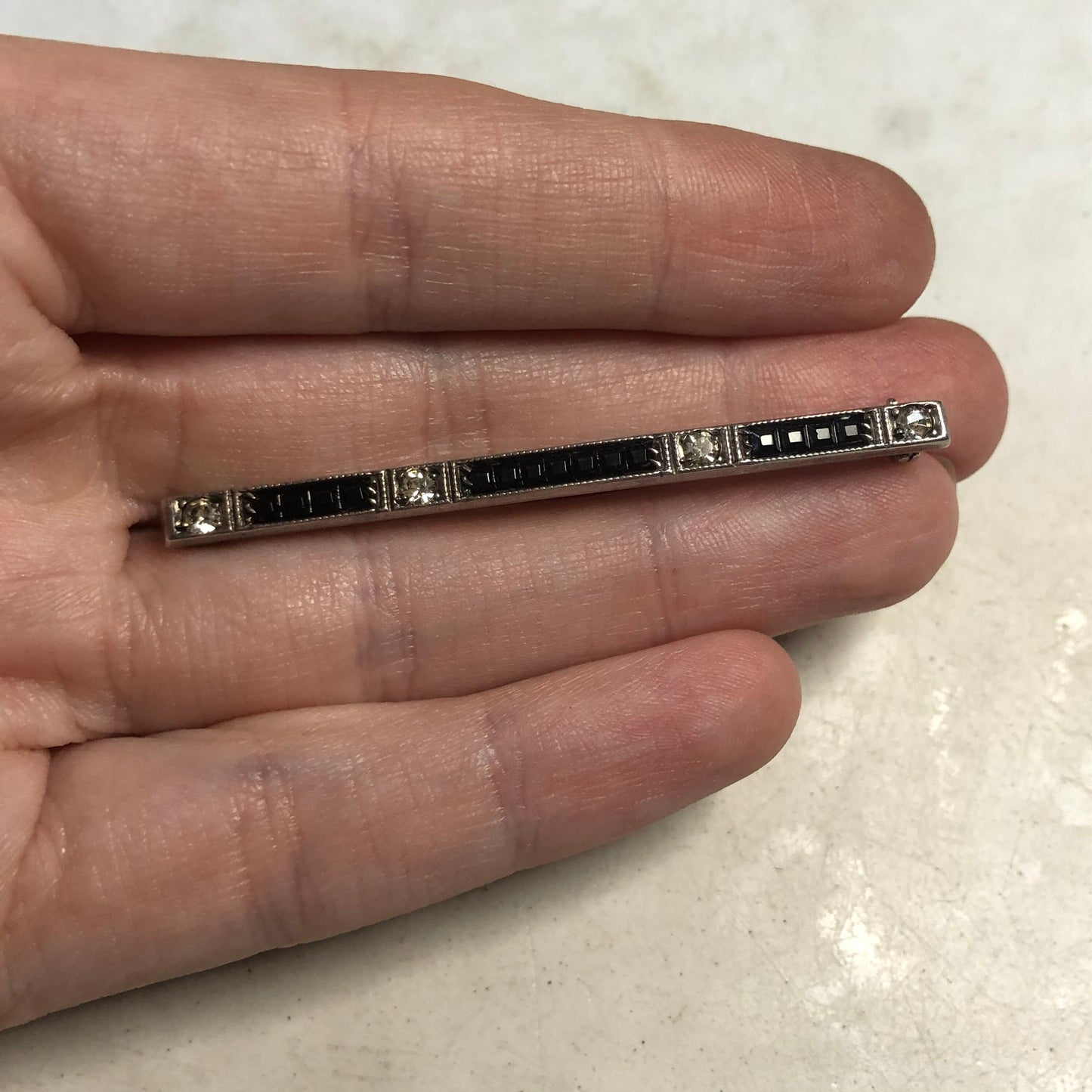 Art Deco Sterling Silver and Carré Cut Paste Stones Bar Brooch