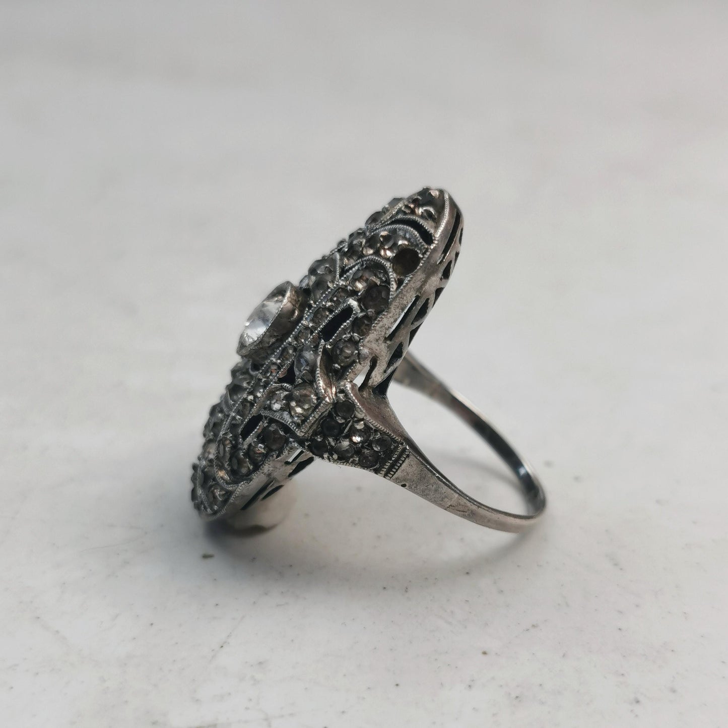 Birks Art Deco Sterling Silver & Paste Large Statement Rhinestone Ring