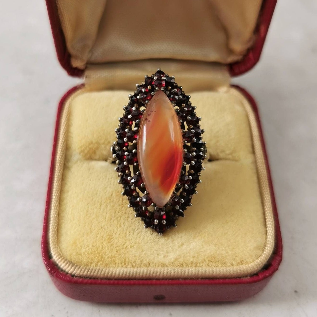 Bohemian 900 Silver Rose Cut Garnet Navette Ring