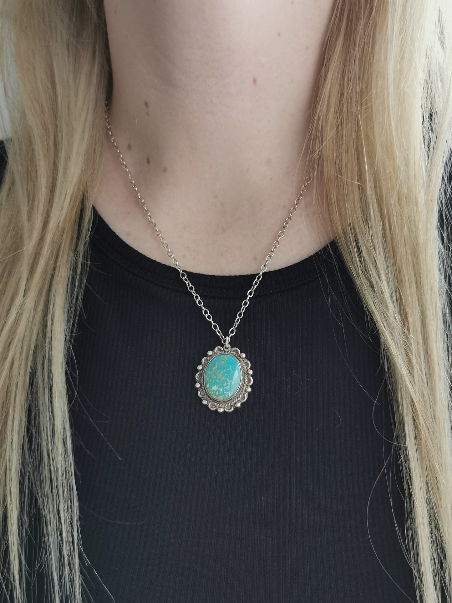 Vintage Southwestern Sterling Silver Turquoise Pendant Necklace
