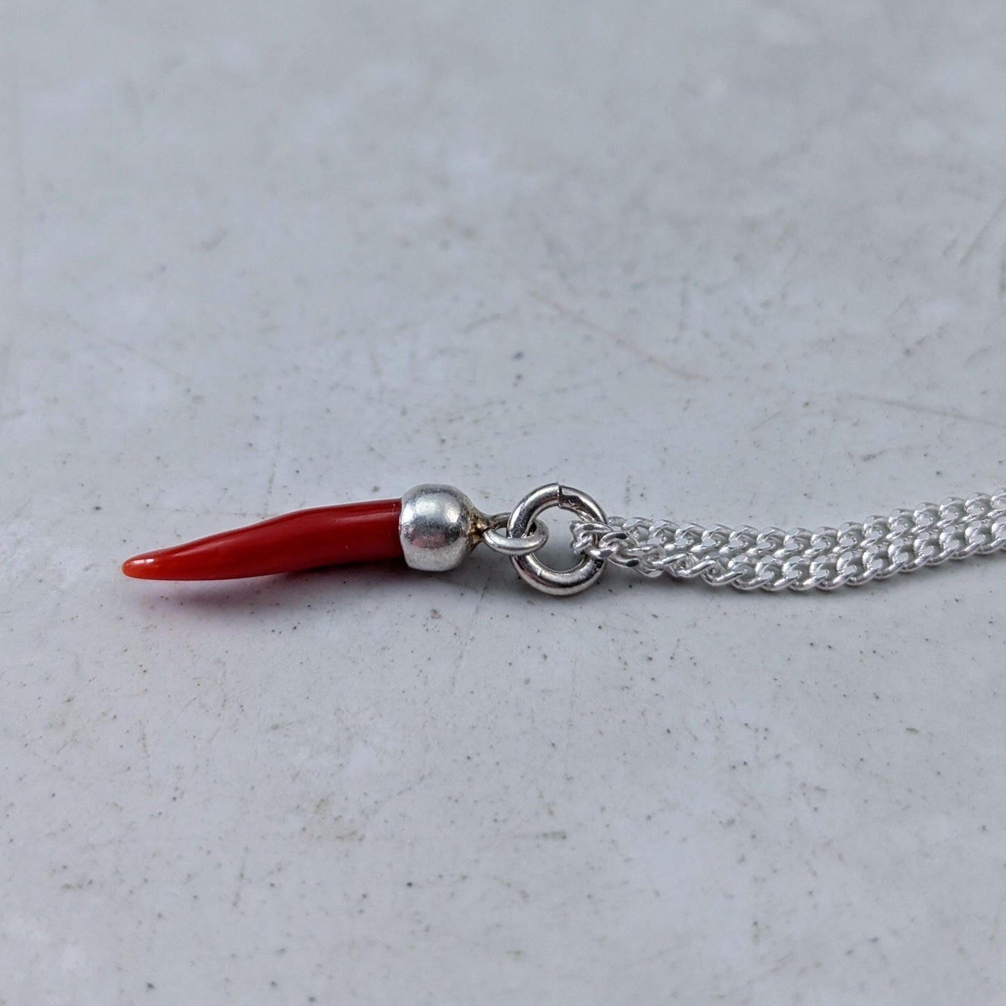 Sterling Silver Italian Red Coral Cornicello Necklace - Lucky Horn
