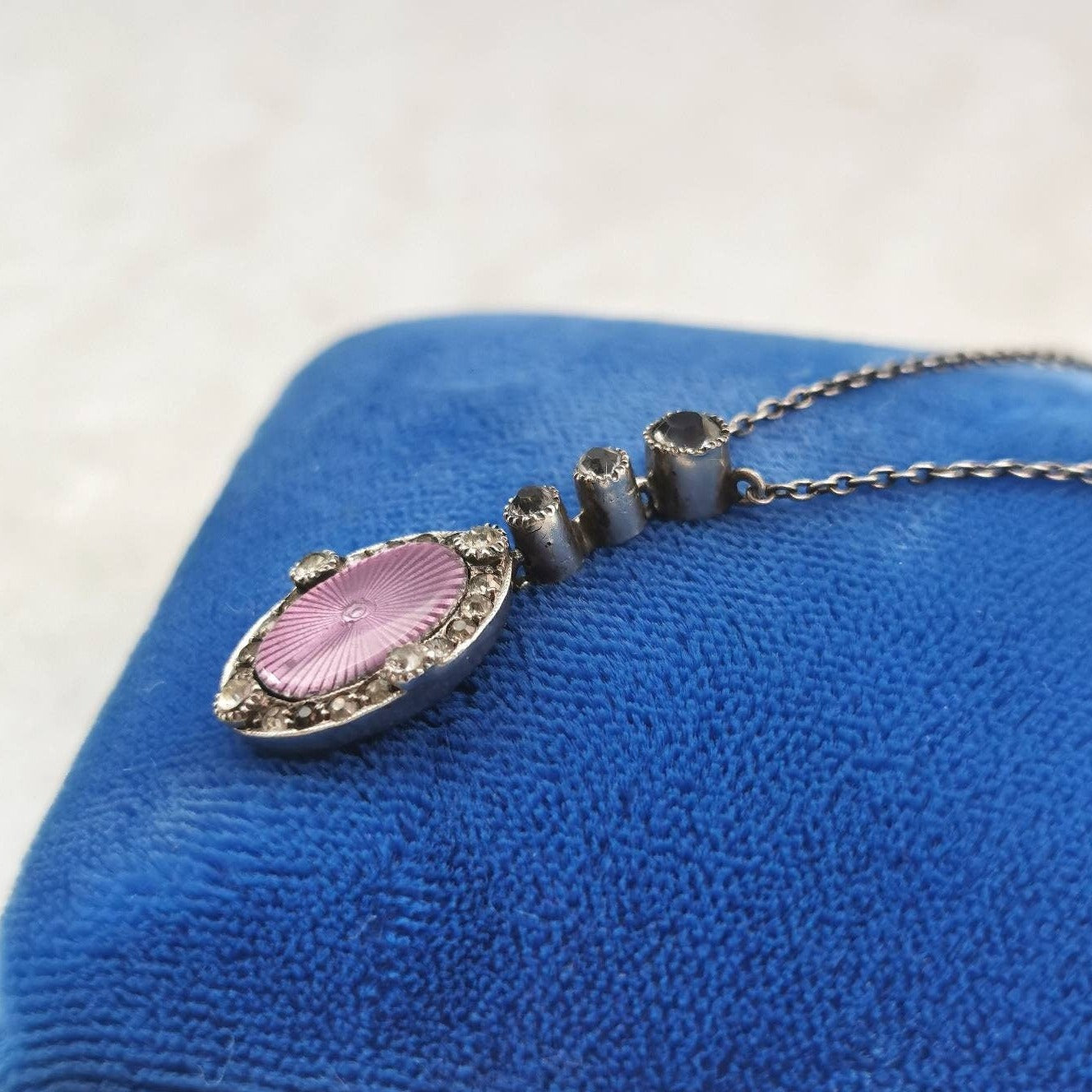 Vintage Sterling Silver Guilloché Enamel & Rhinestone Lavalier