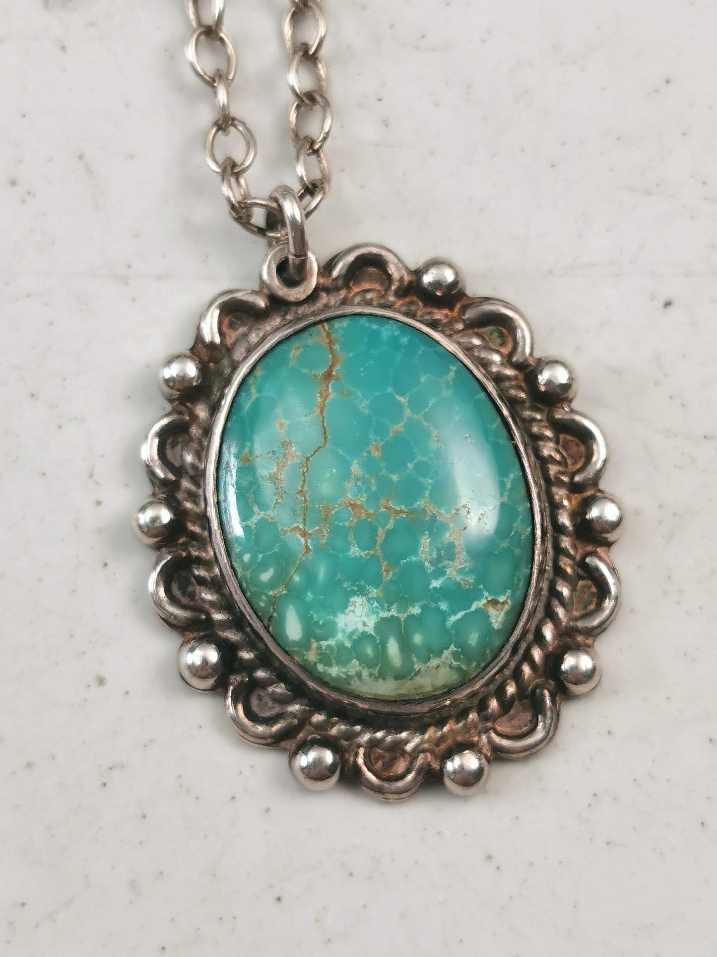 Vintage Southwestern Sterling Silver Turquoise Pendant Necklace