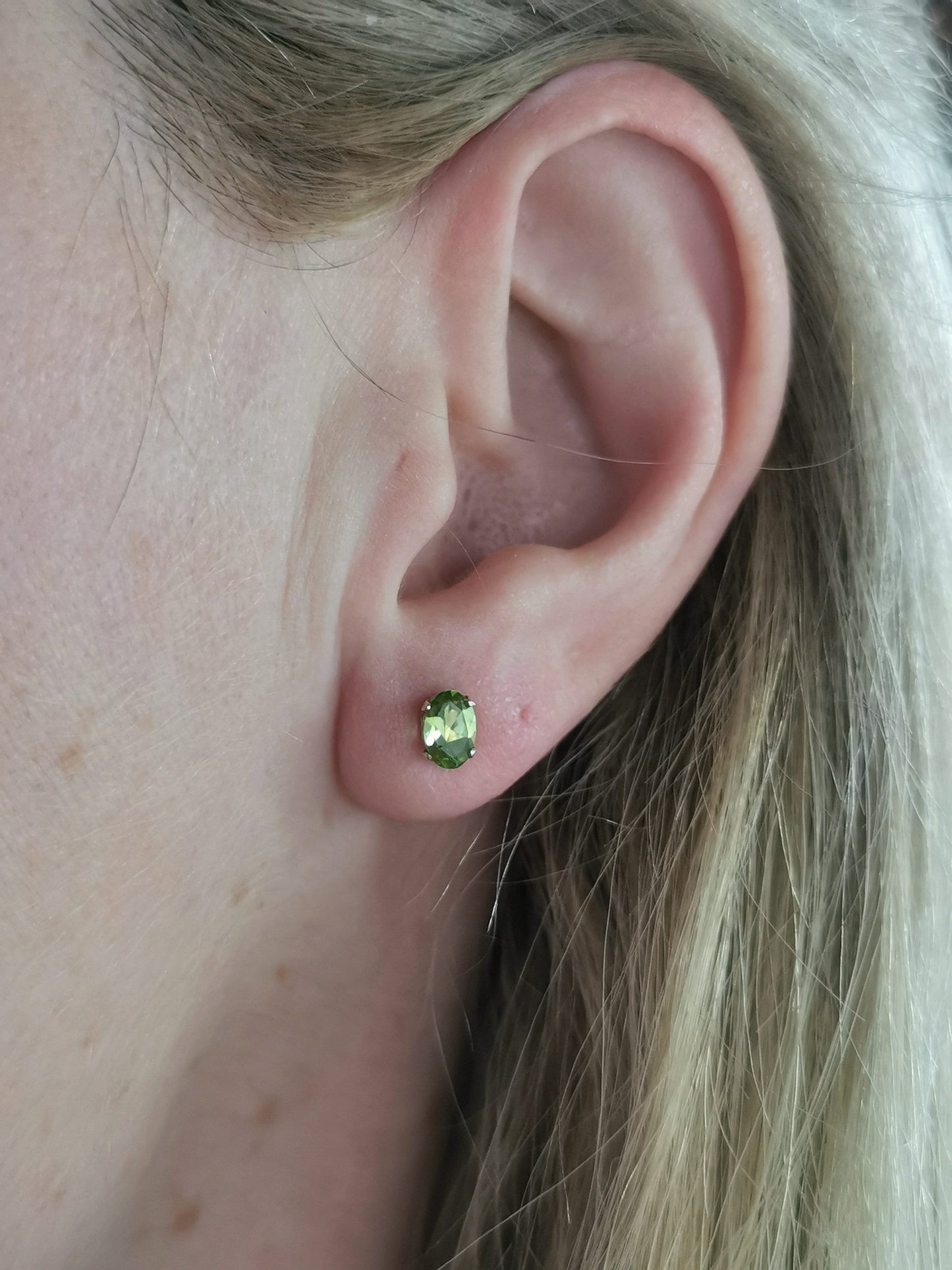 Estate Sterling Silver and Genuine Peridot Stud Earrings - Oval Peridot August Birthstone Earrings