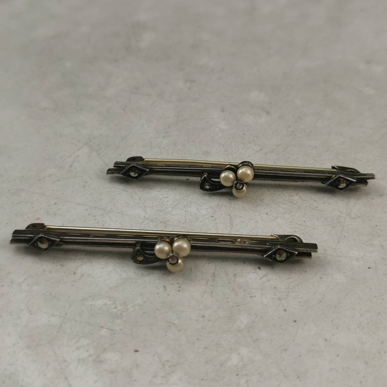 Edwardian Matching Lace Pins Sterling Silver, Pearl and Marcasite