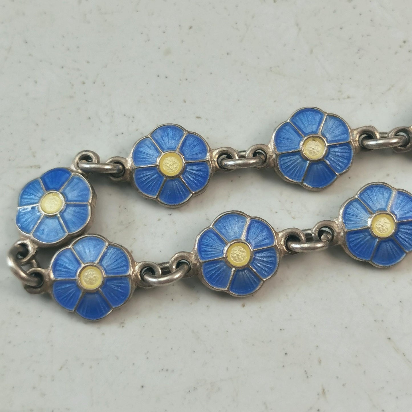 Vintage Volmer Bahner Sterling Silver and Enamel Flower Bracelet - Forget-me-not Blue Enamel Flowers- Adult Bracelet 7.5"