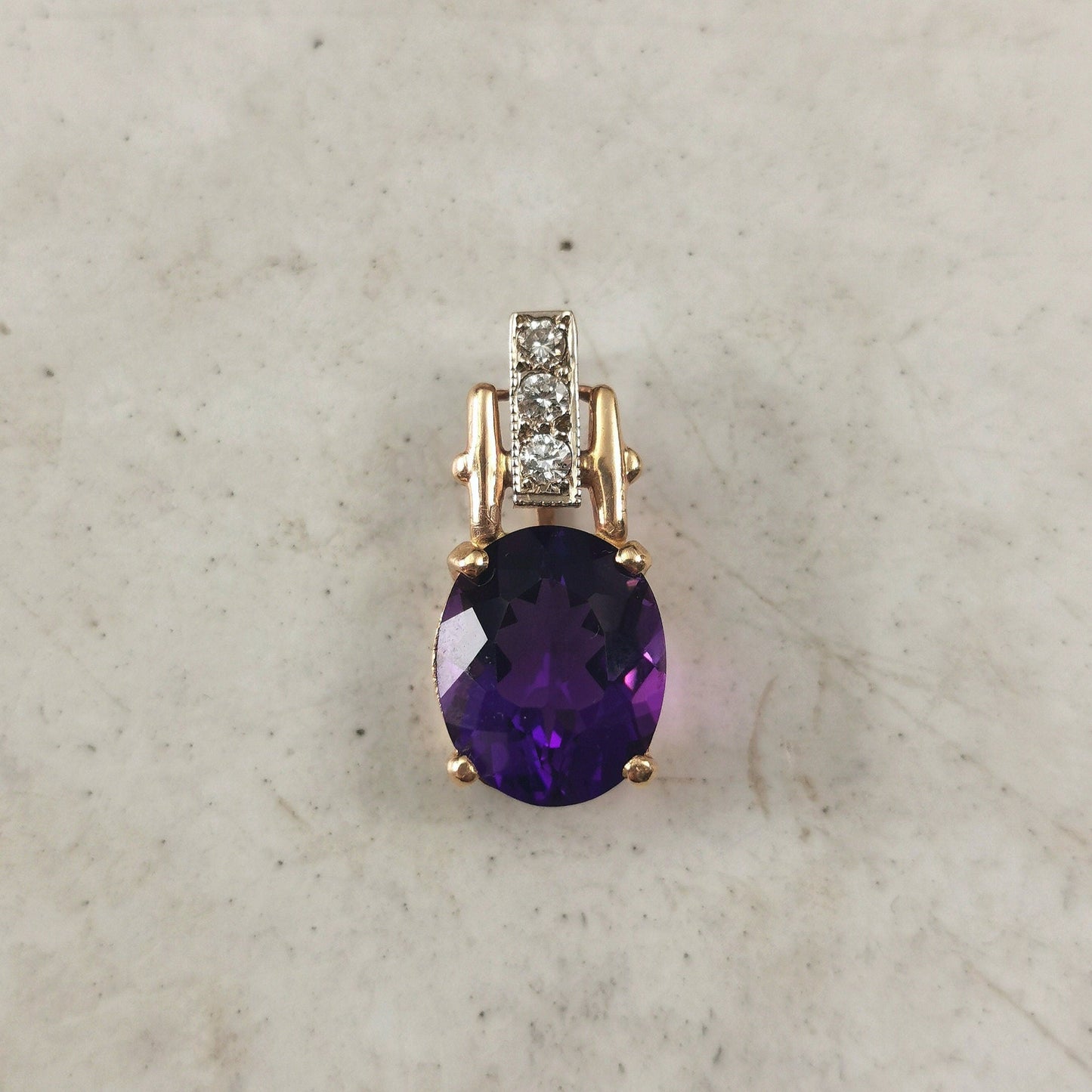 Vintage Large 14k Yellow and White Gold Amethyst and Diamond Pendant