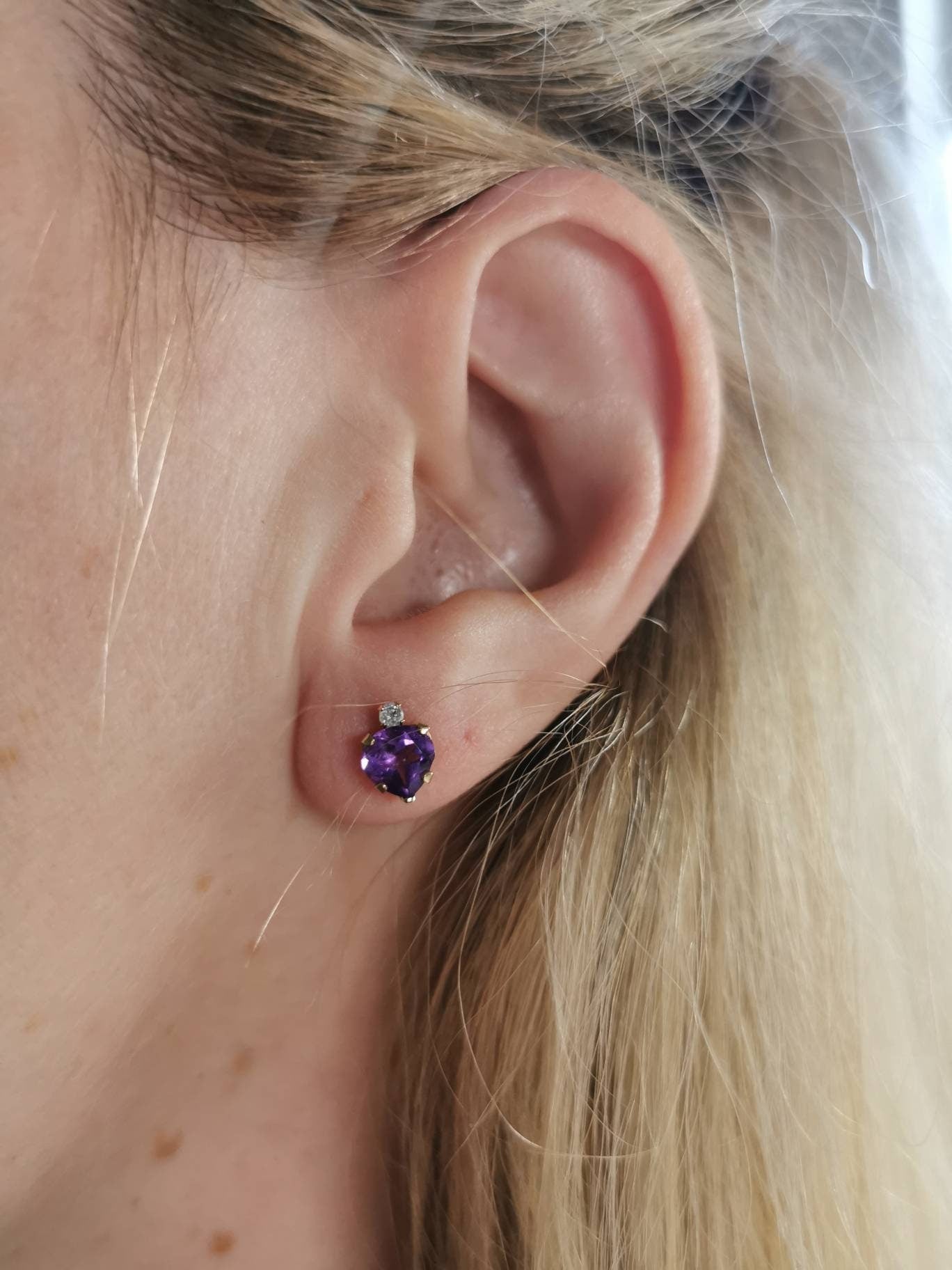 Estate 10k Yellow Gold Amethyst Heart and Diamond Studs