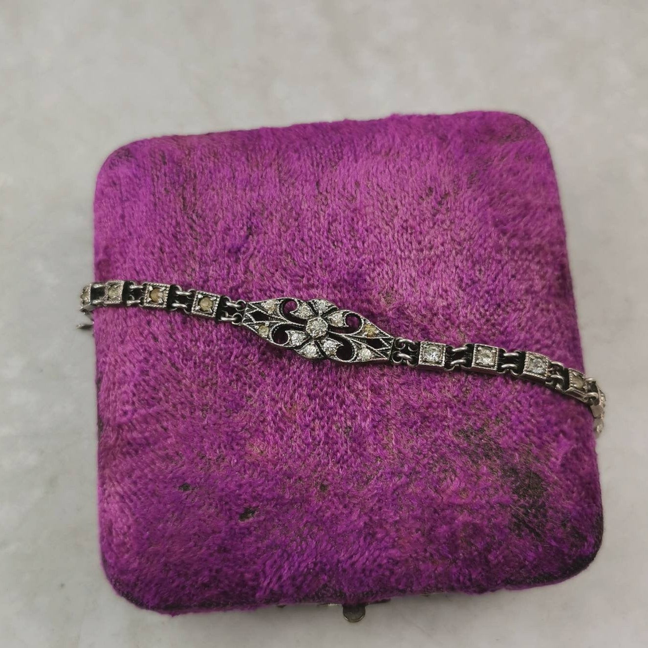 Antique Art Deco Sterling Silver & Paste Rhinestone Filigree Line Bracelet