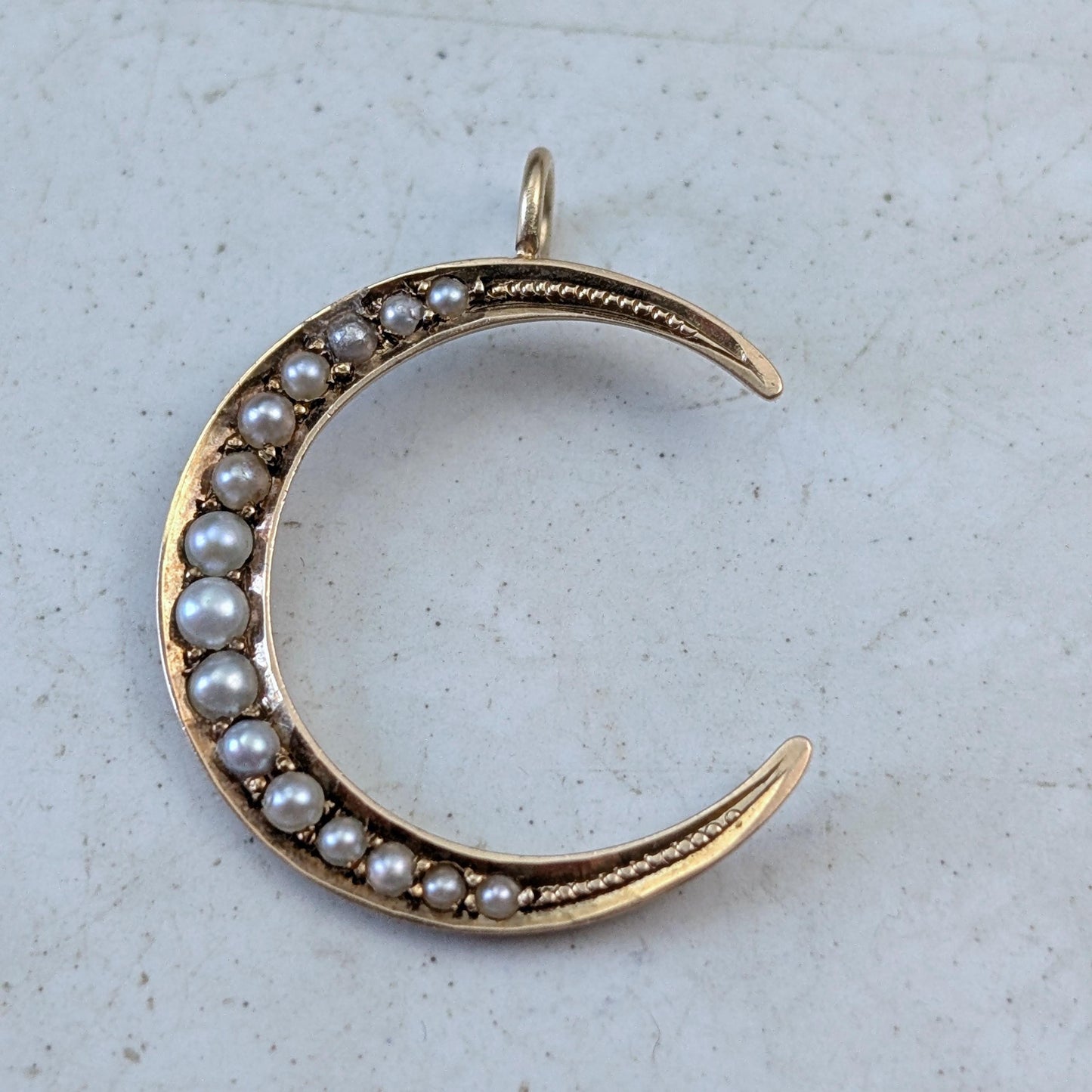 Victorian 14k Yellow Gold Seed Pearl Crescent Moon Conversion Pendant - Solid Gold - Antique Up-cycled Brooch - Medium Size