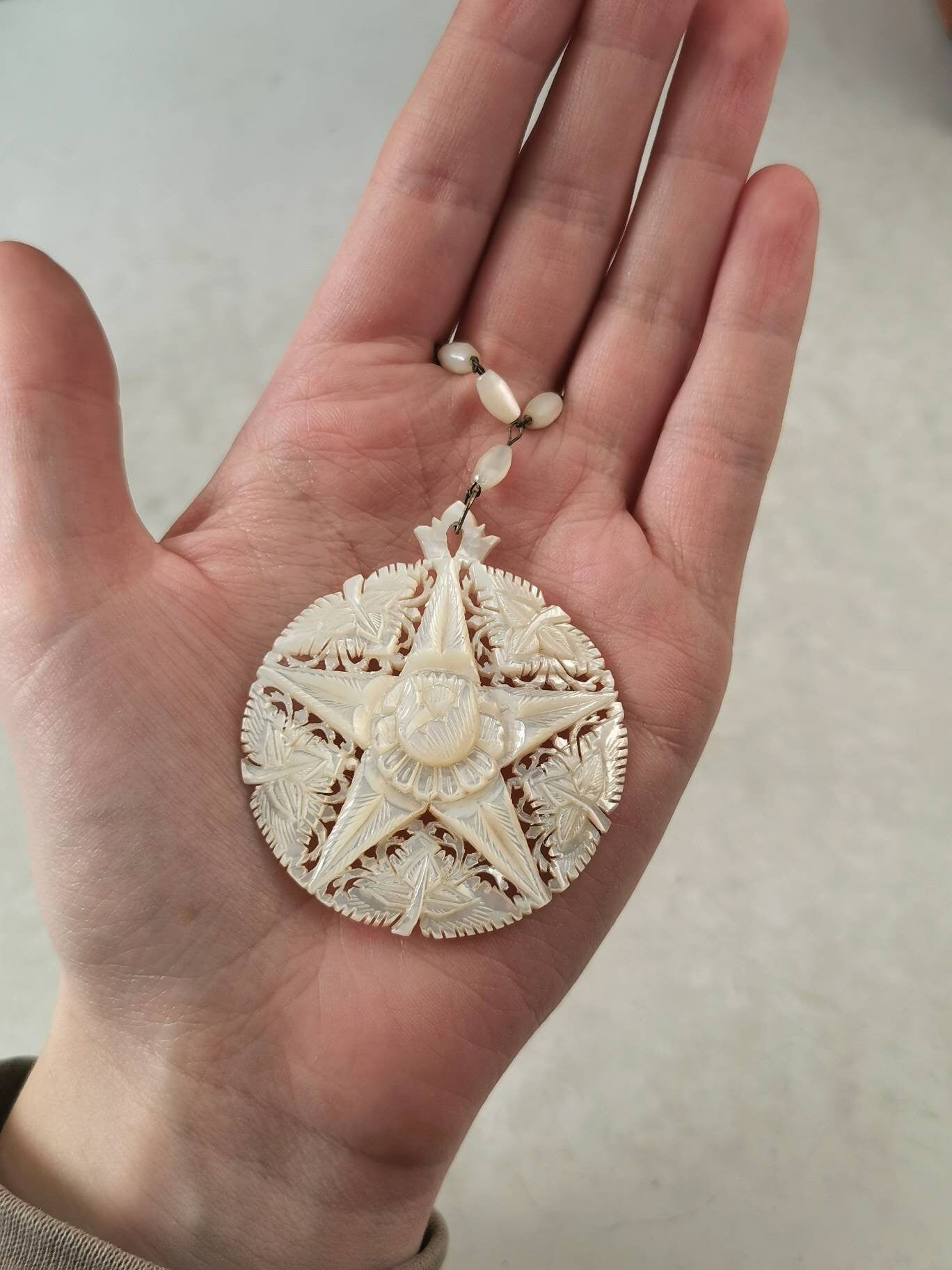 Art Deco Carved Mother of Pearl Pendant Necklace on Beaded Chain