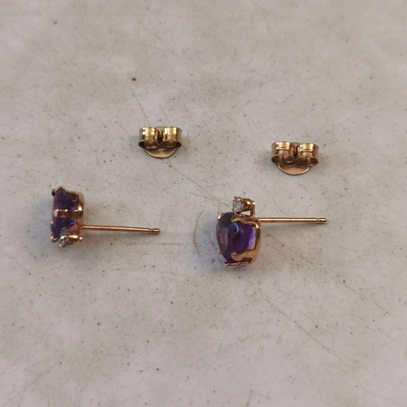 Estate 10k Yellow Gold Amethyst Heart and Diamond Studs