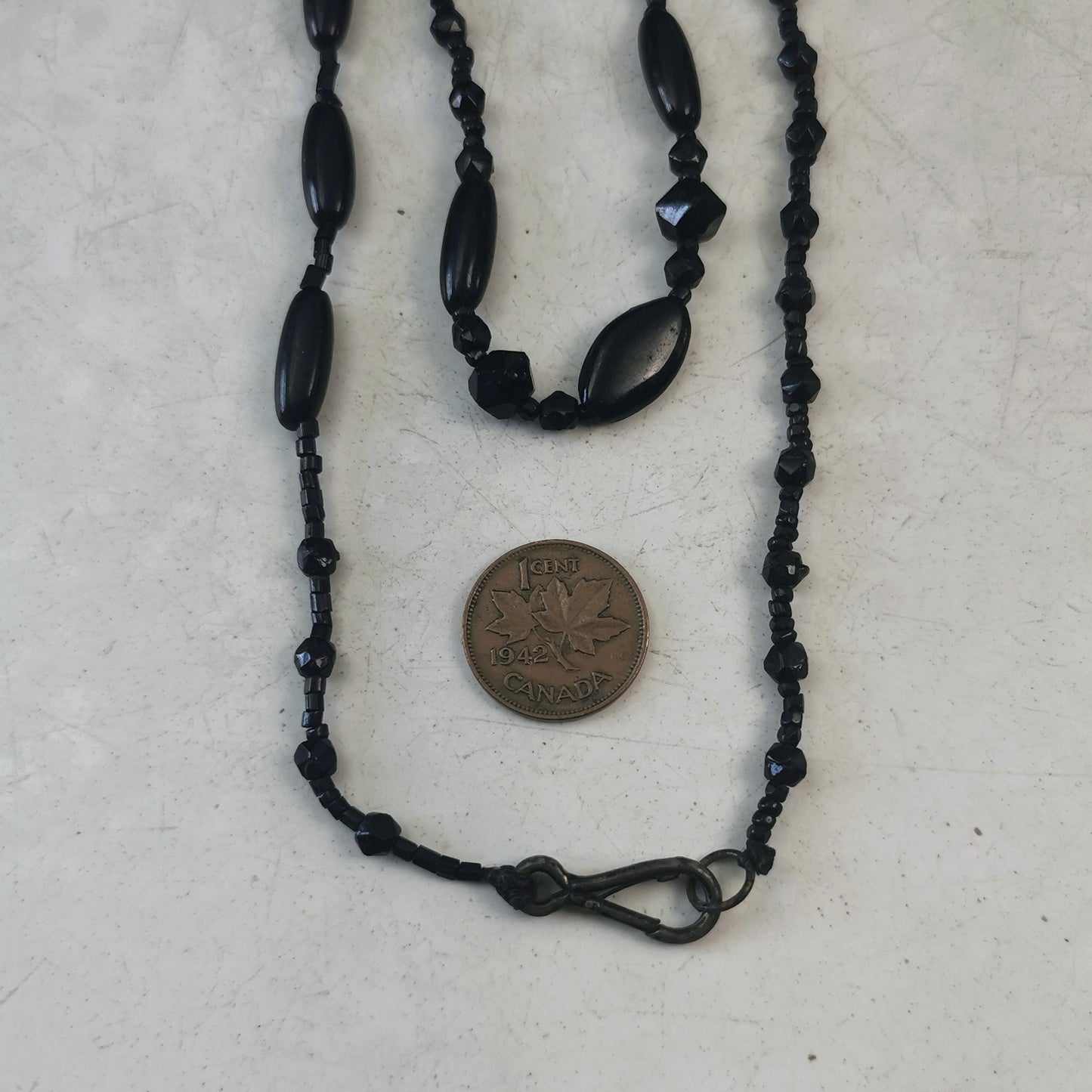 Victorian Black Glass Mourning Beads - Long Guard Chain Mourning Necklace