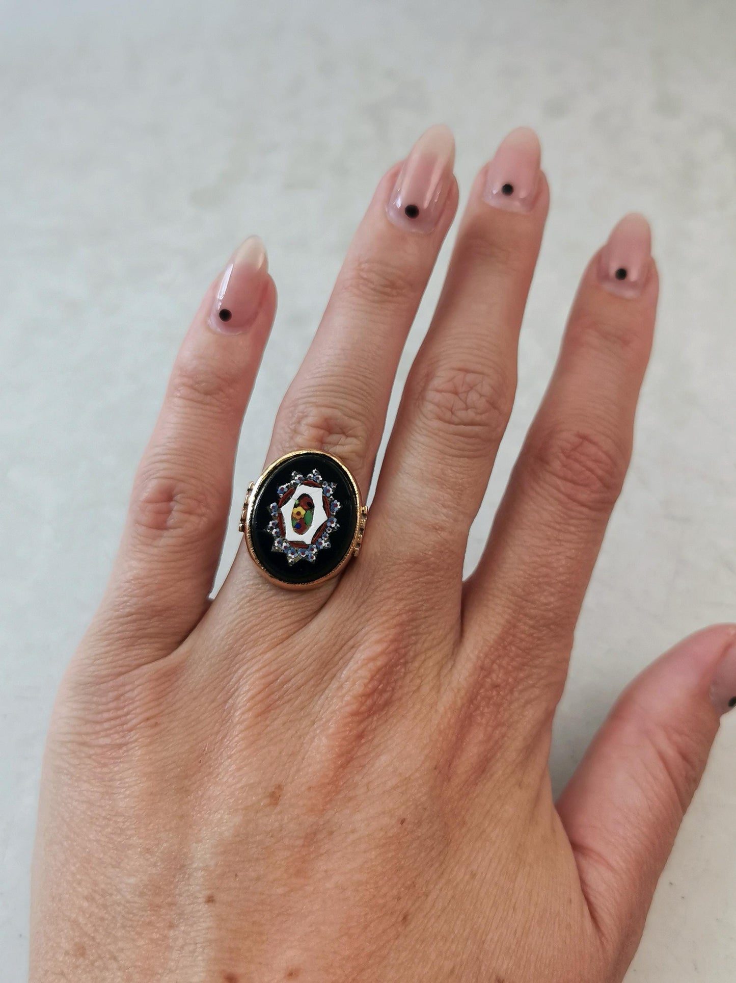 Antique Yellow Gold Micro Mosaic Flower Mosaic Statement Ring