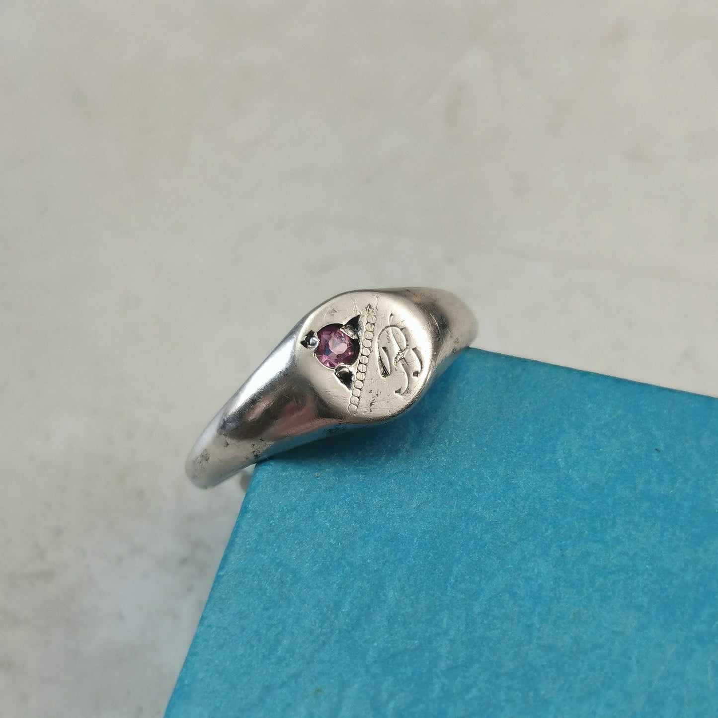 Vintage Sterling Silver Signet Pinky Ring - Initial B with Pink Gem
