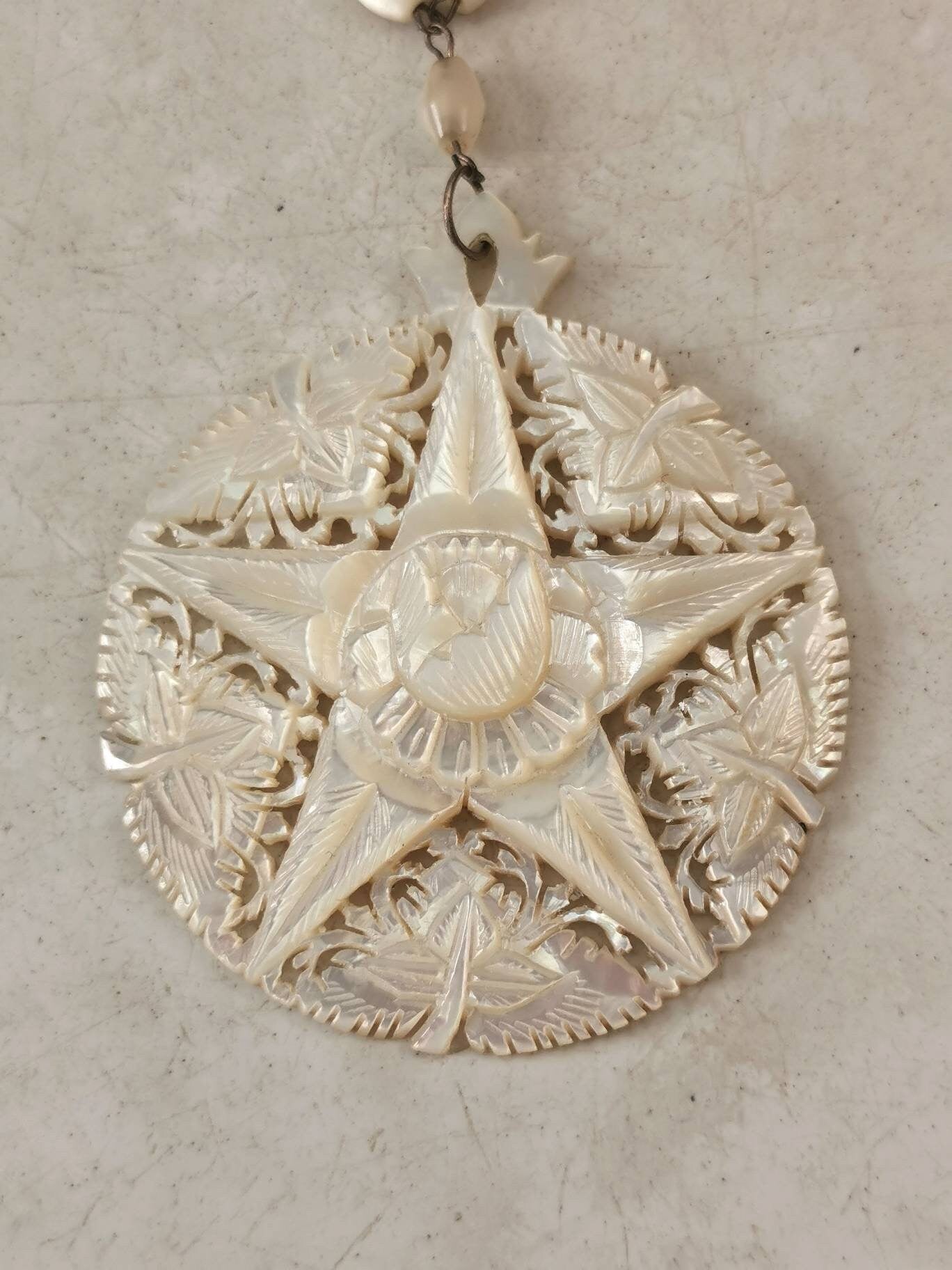 Art Deco Carved Mother of Pearl Pendant Necklace on Beaded Chain