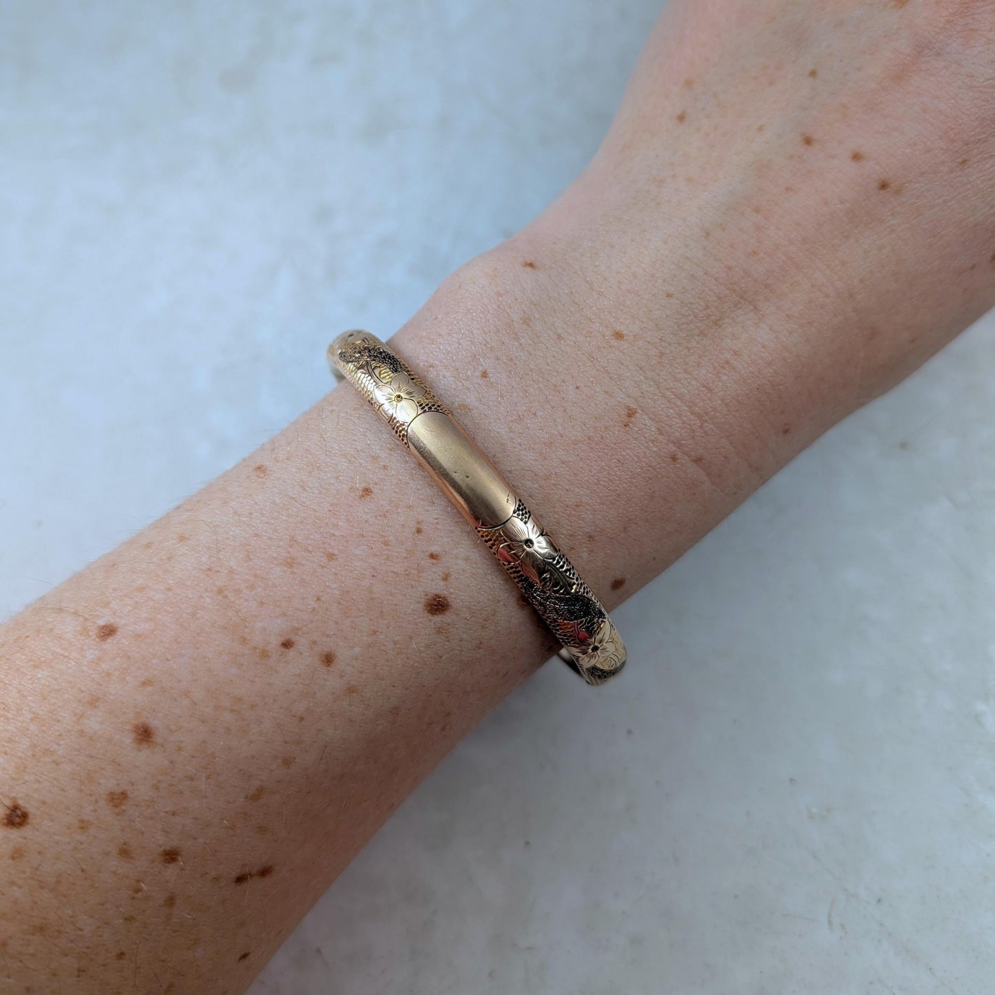 Antique Gold Filled Black Enamel Floral Engraved Bangle Bracelet