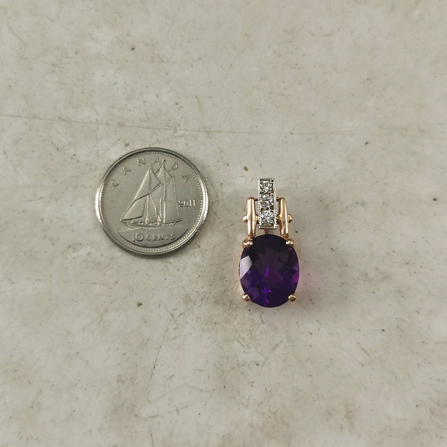 Vintage Large 14k Yellow and White Gold Amethyst and Diamond Pendant