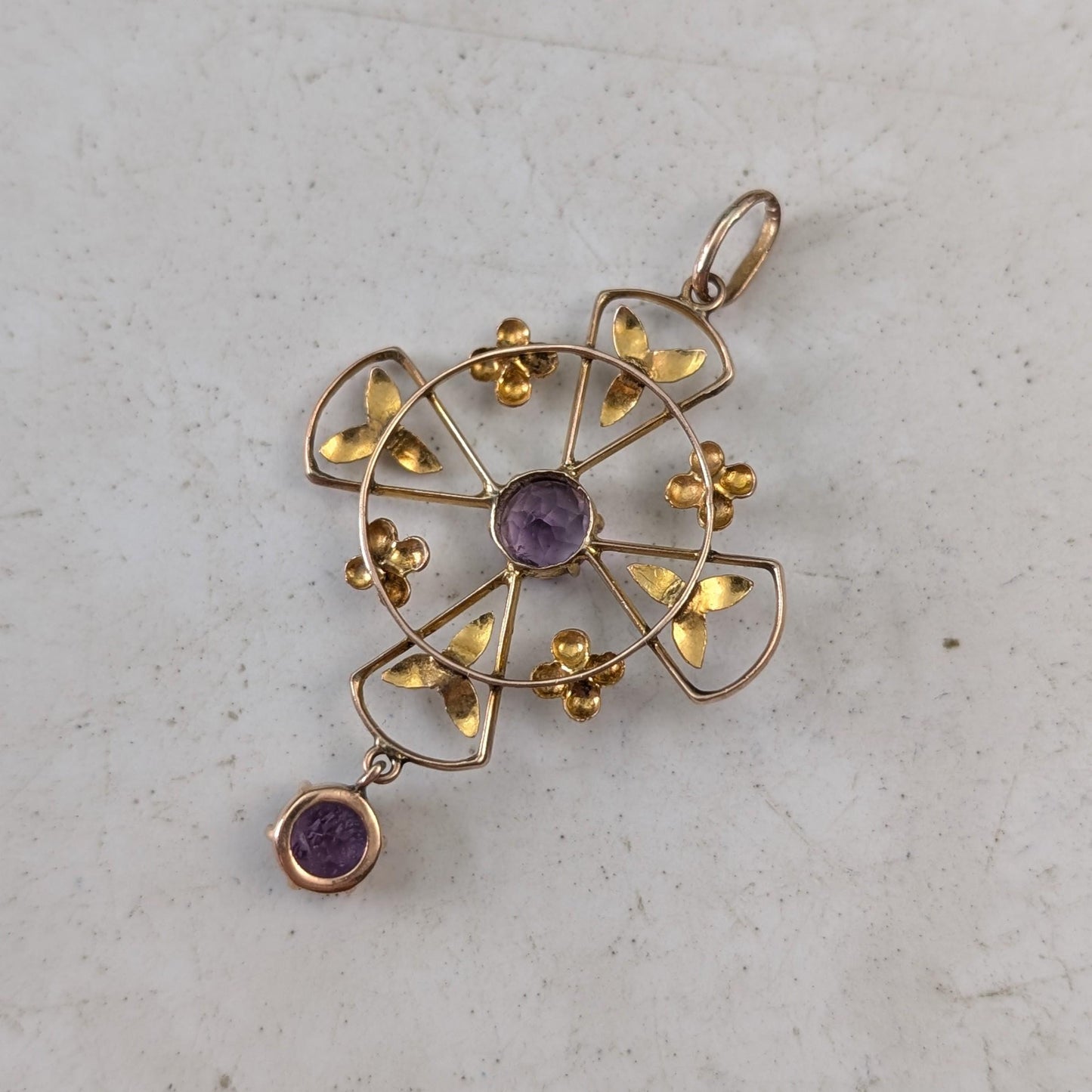 Antique Edwardian 10k Yellow Gold Amethyst Lavalier Pendant