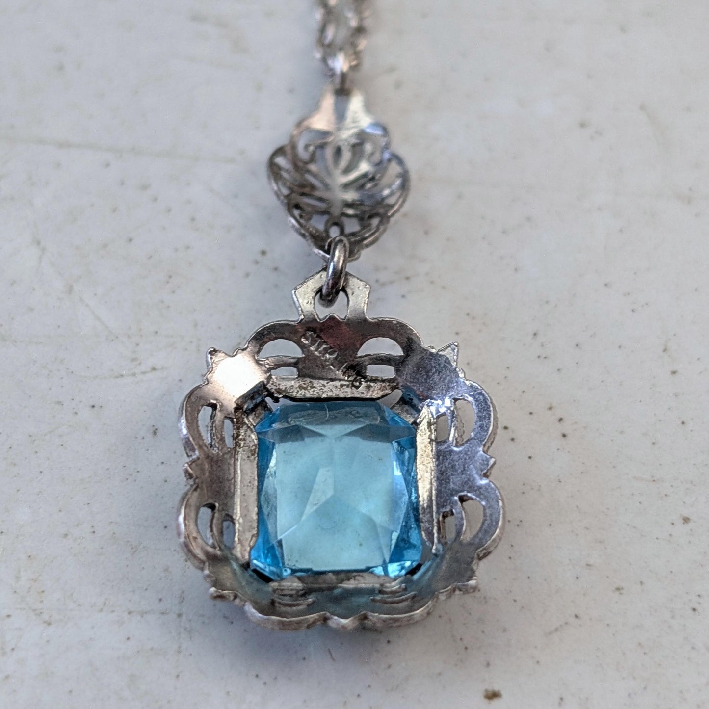 Art Deco Sterling Silver Blue Uranium Glass Set - Ring and Lavalier Necklace