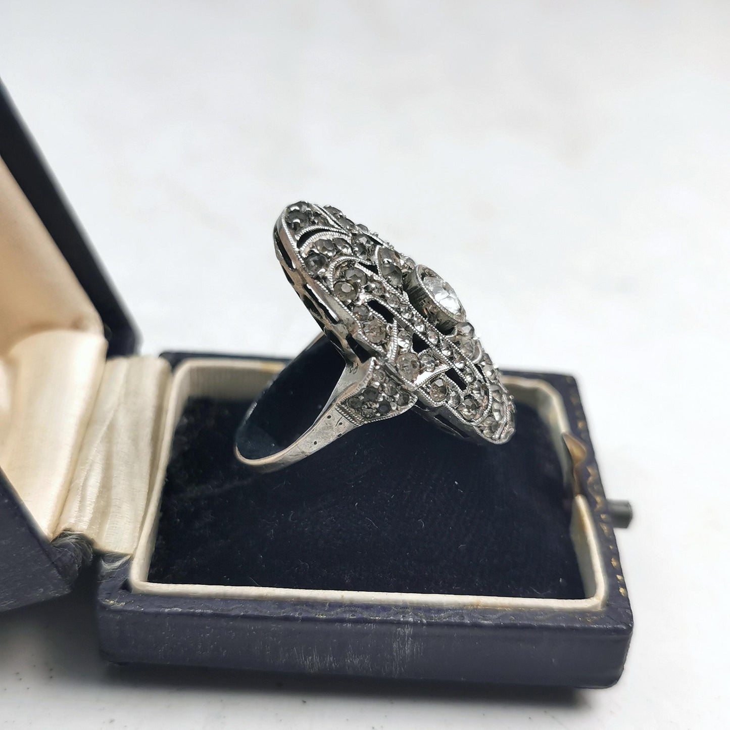 Birks Art Deco Sterling Silver & Paste Large Statement Rhinestone Ring