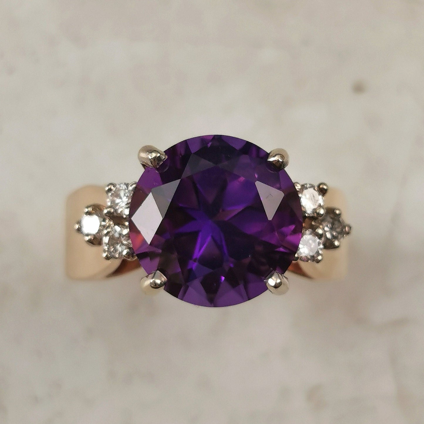 Estate 14k Yellow Gold Large Amethyst & Diamond Ring