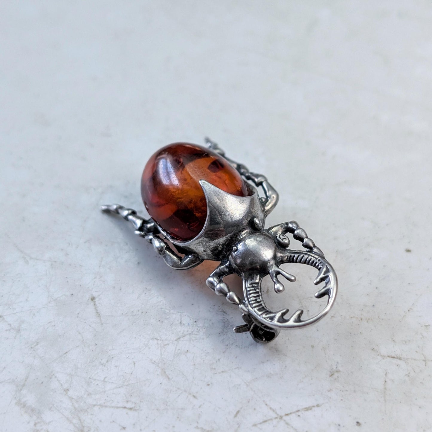 Vintage Sterling Silver and Amber Beetle Brooch