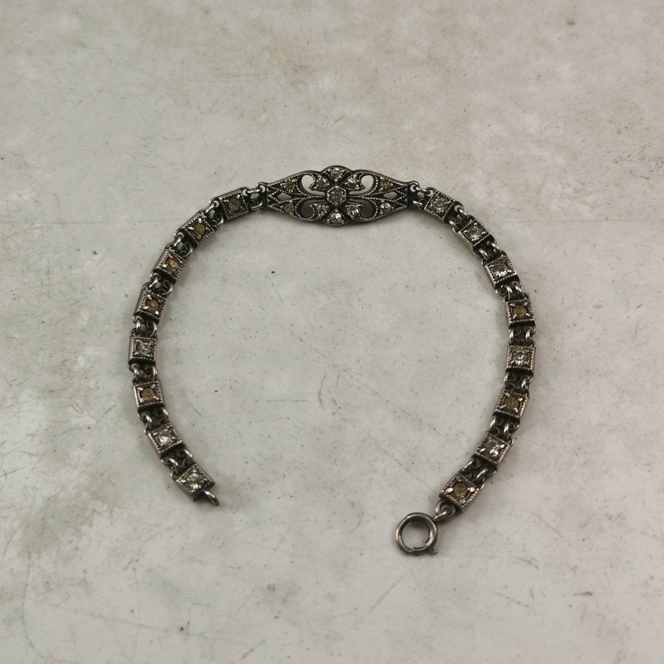 Antique Art Deco Sterling Silver & Paste Rhinestone Filigree Line Bracelet