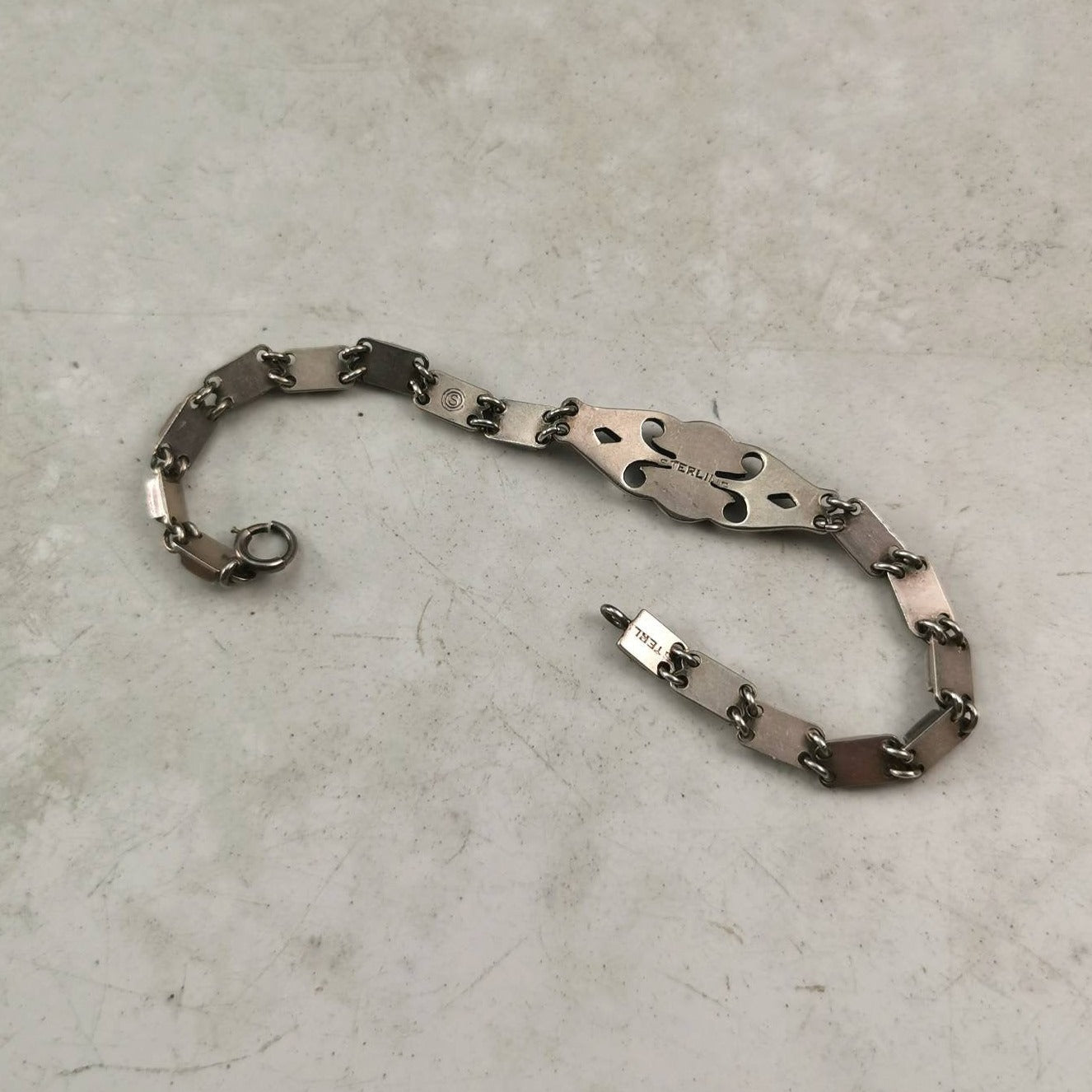 Antique Art Deco Sterling Silver & Paste Rhinestone Filigree Line Bracelet