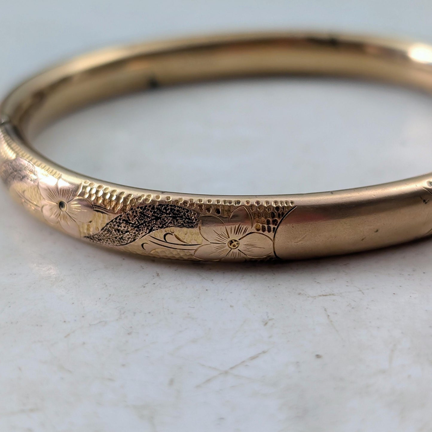 Antique Gold Filled Black Enamel Floral Engraved Bangle Bracelet