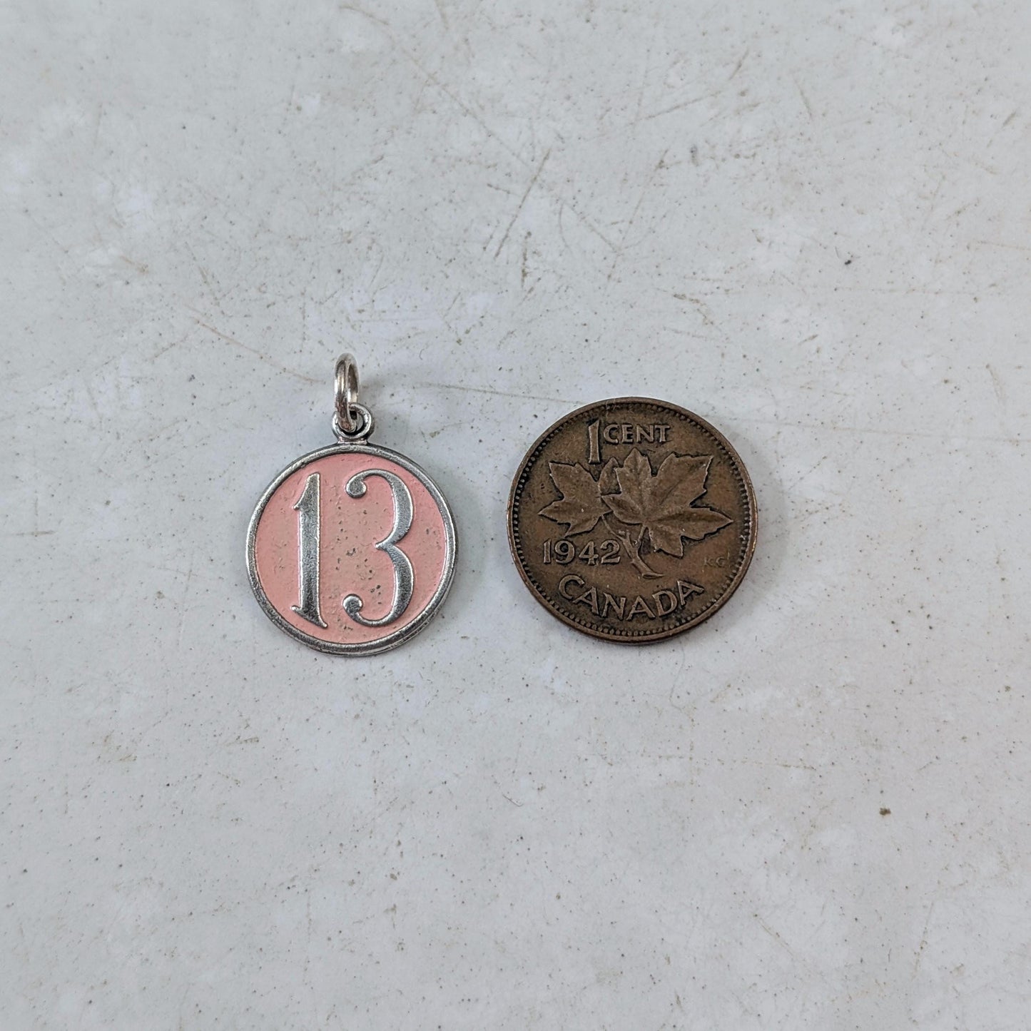 Vintage 1940's Sterling Silver & Pink Enamel Lucky Number 13 Charm